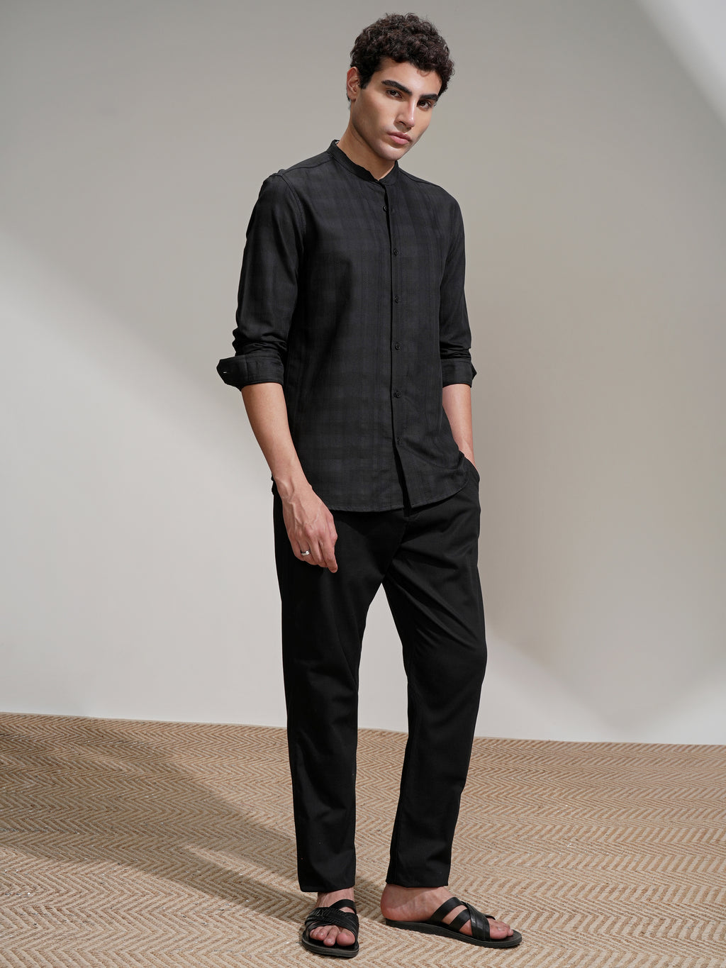 Highlander Men Black Self Design Slim Fit Casual Shirt - Black - Image 2