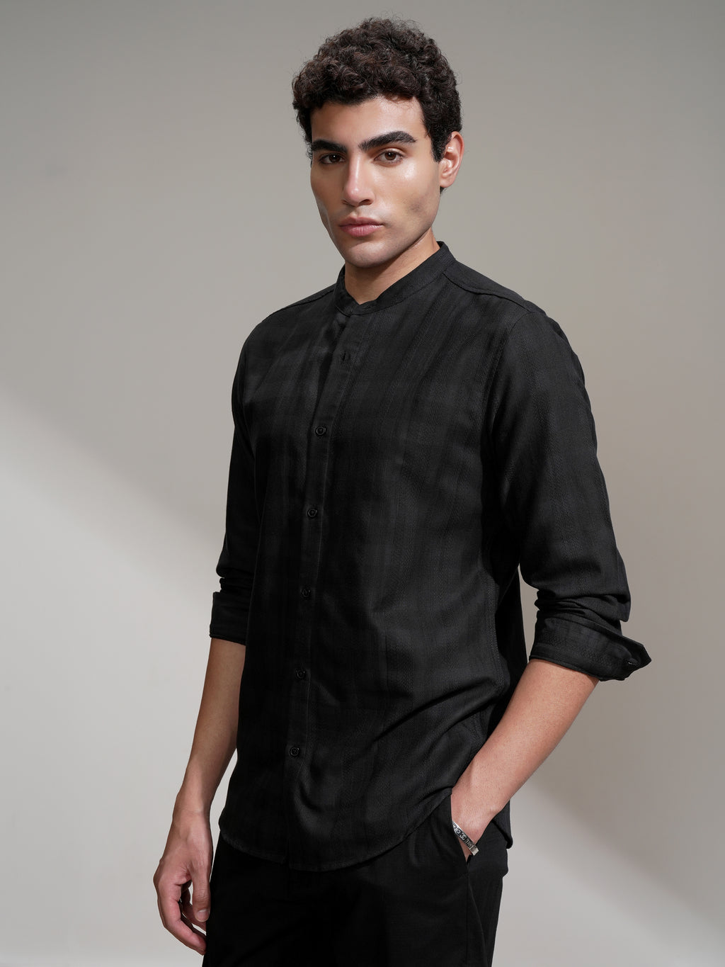 Highlander Men Black Self Design Slim Fit Casual Shirt - Black - Image 4