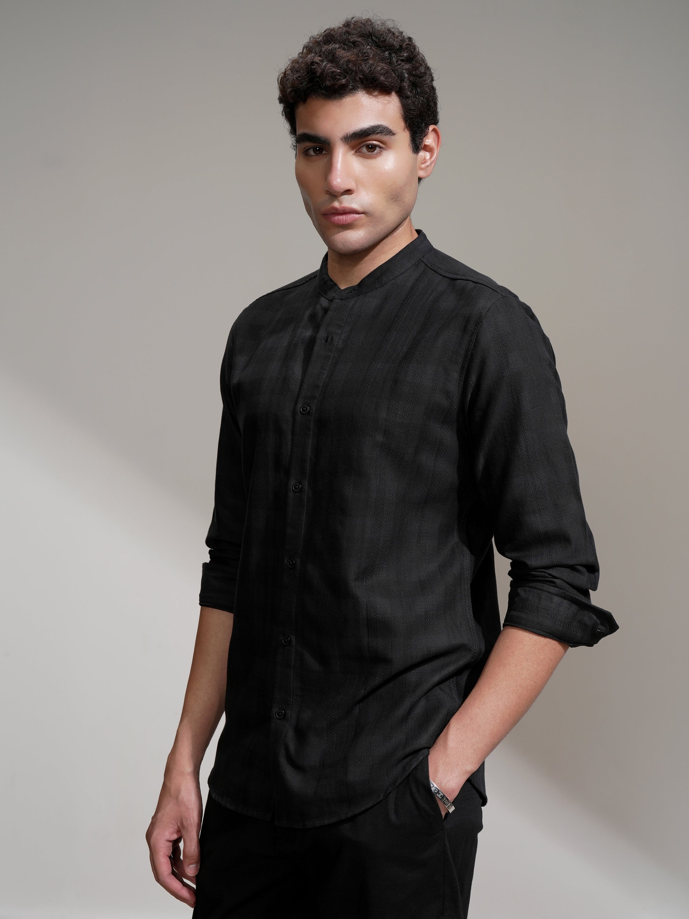 Highlander Men Black Self Design Slim Fit Casual Shirt - Black - Image 4