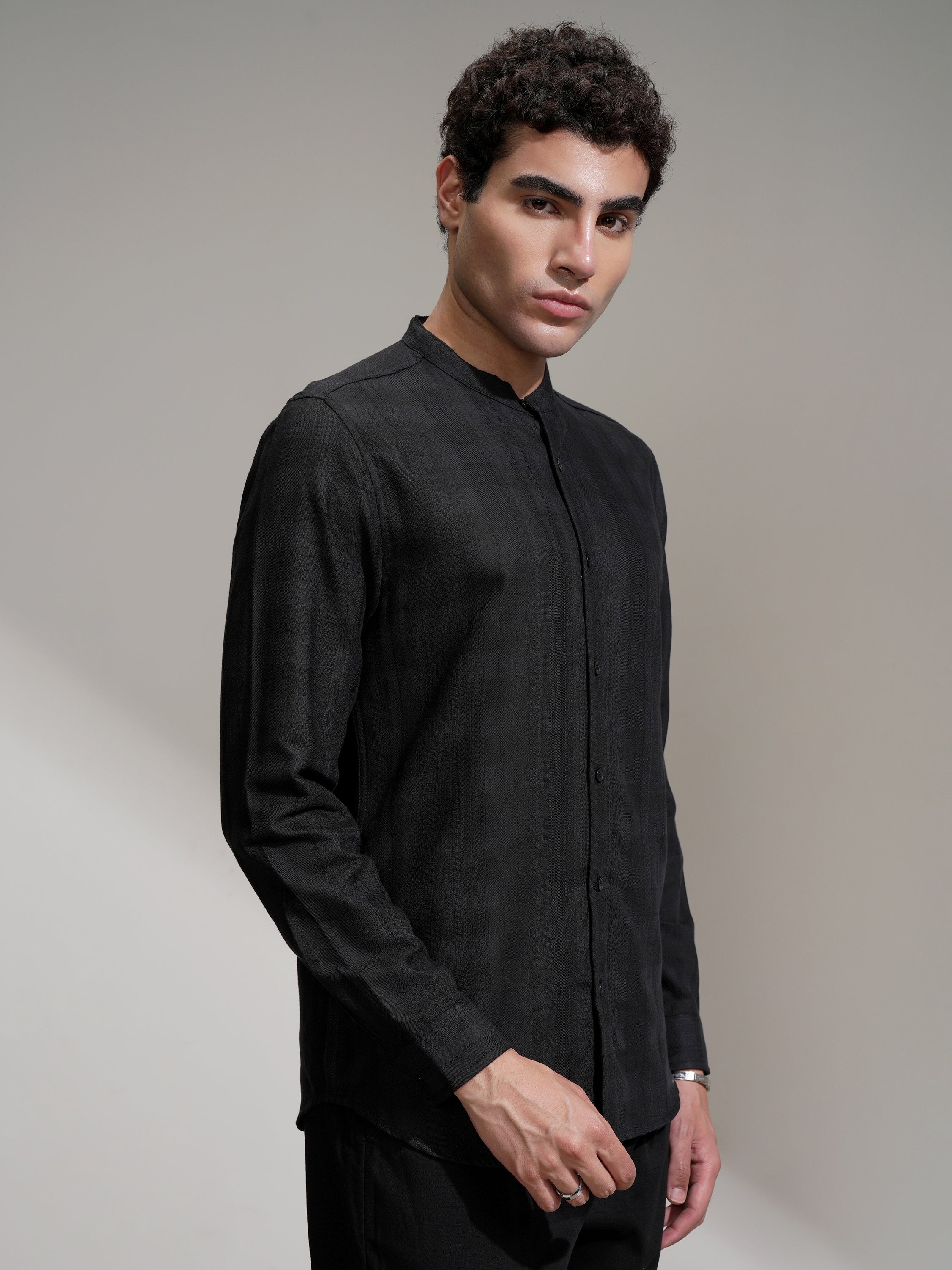 Highlander Men Black Self Design Slim Fit Casual Shirt - Black - Image 6
