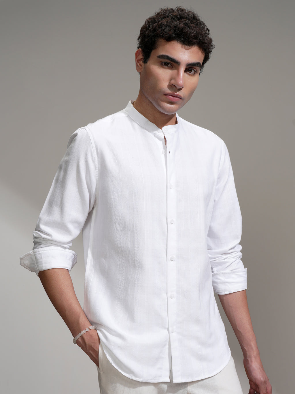Highlander Men White Self Design Slim Fit Casual Shirt - White - Image 1