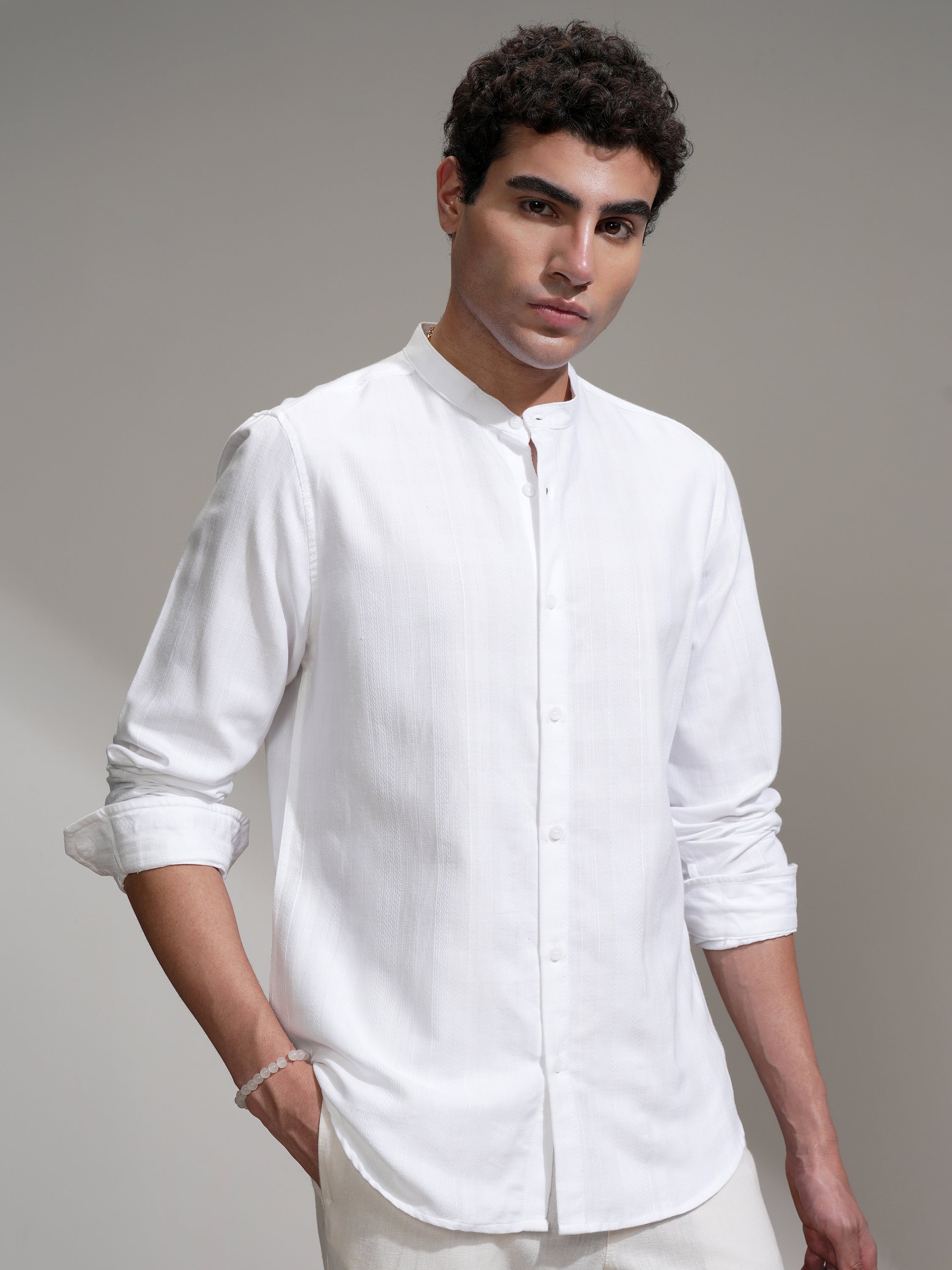 Highlander Men White Self Design Slim Fit Casual Shirt - White - Image 1