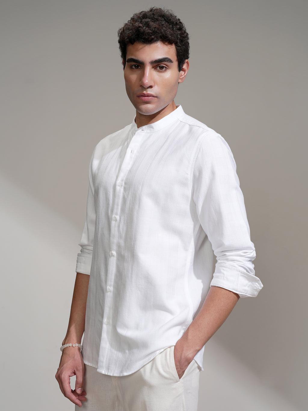 Highlander Men White Self Design Slim Fit Casual Shirt - White - Image 4