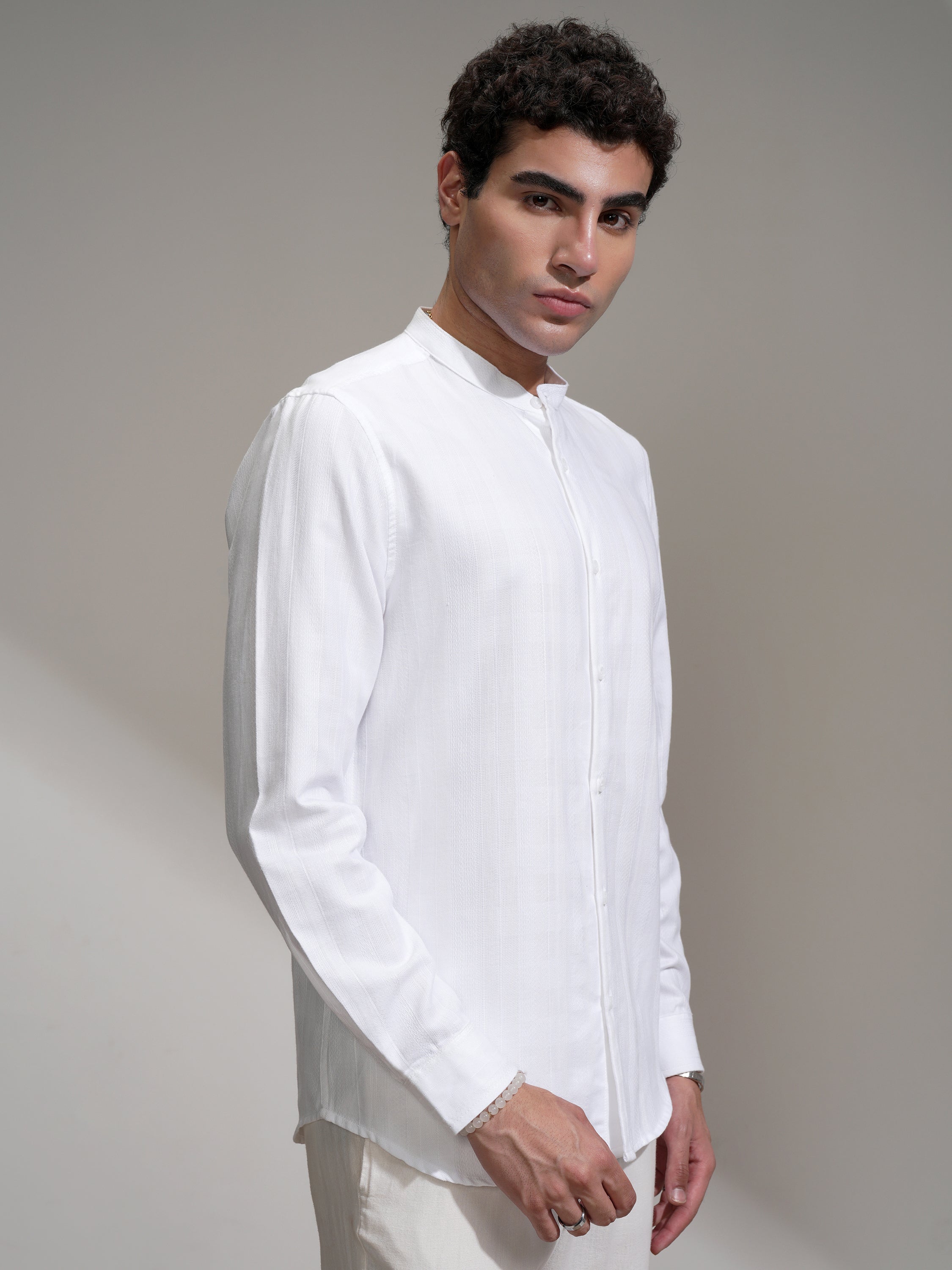 Highlander Men White Self Design Slim Fit Casual Shirt - White - Image 6
