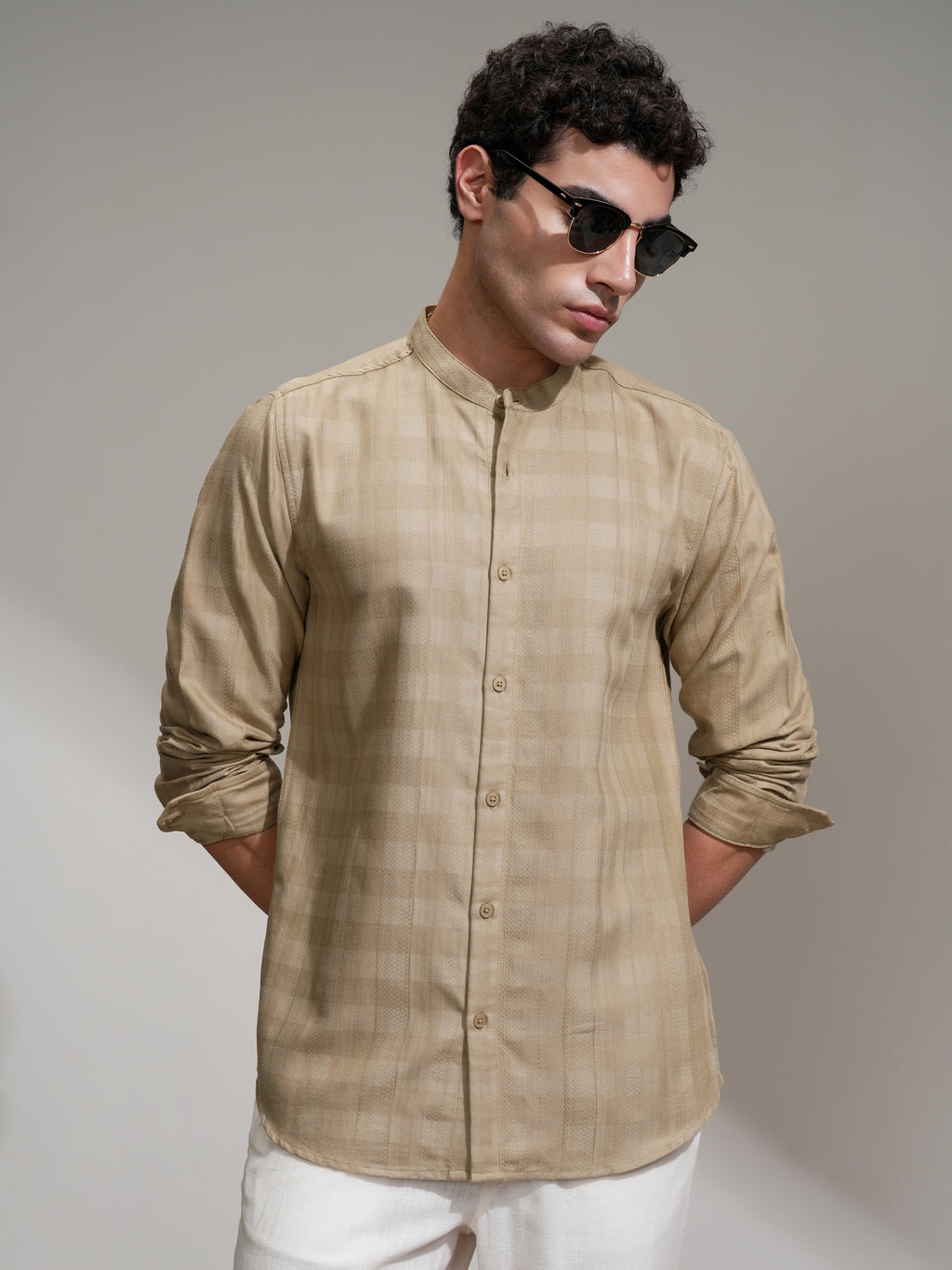 Highlander Men Khaki Self Design Slim Fit Casual Shirt - Khaki - Image 1