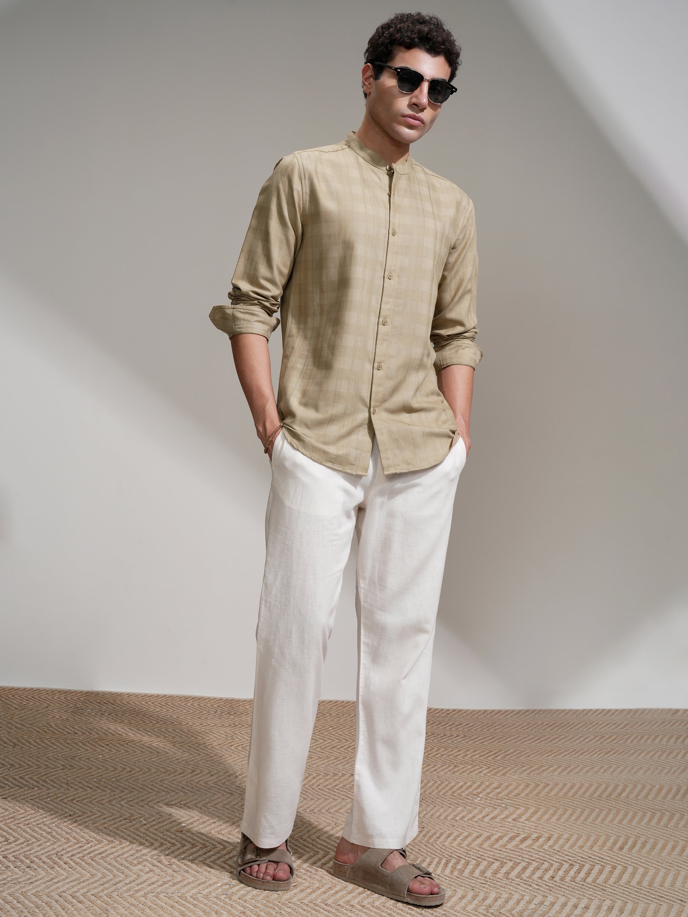Highlander Men Khaki Self Design Slim Fit Casual Shirt - Khaki - Image 2