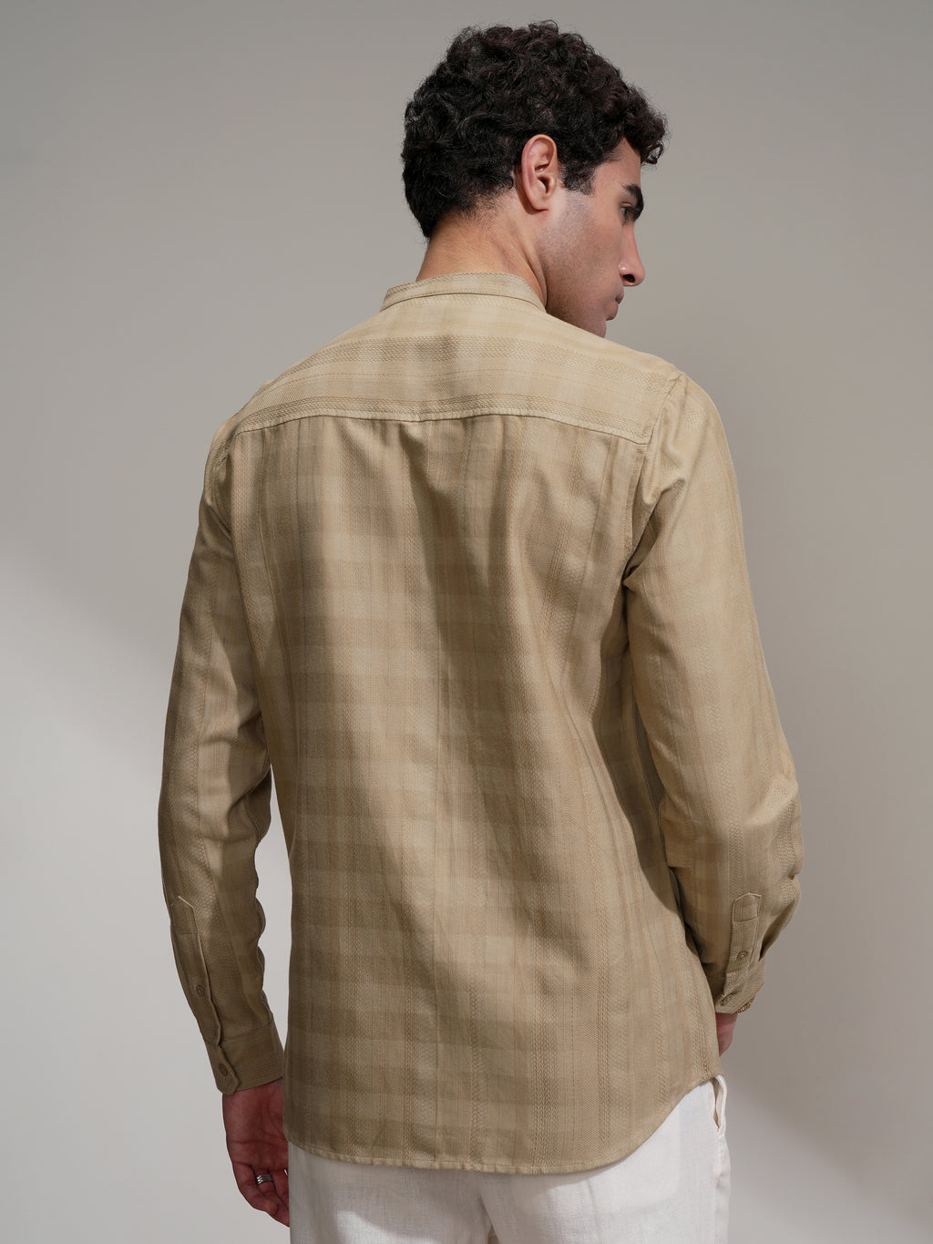 Highlander Men Khaki Self Design Slim Fit Casual Shirt - Khaki - Image 3