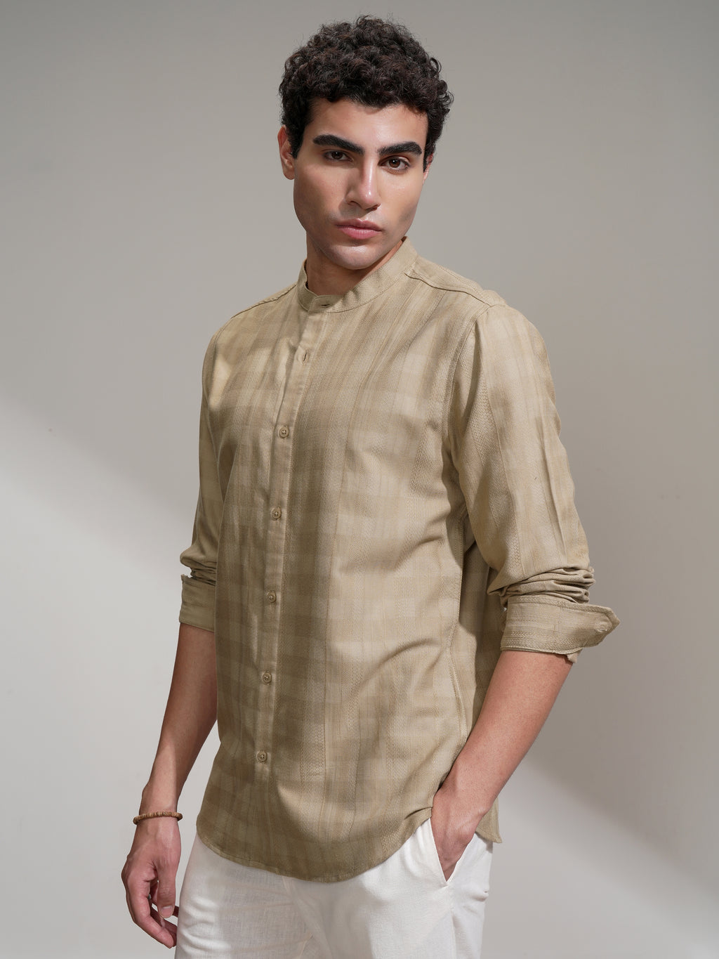 Highlander Men Khaki Self Design Slim Fit Casual Shirt - Khaki - Image 4