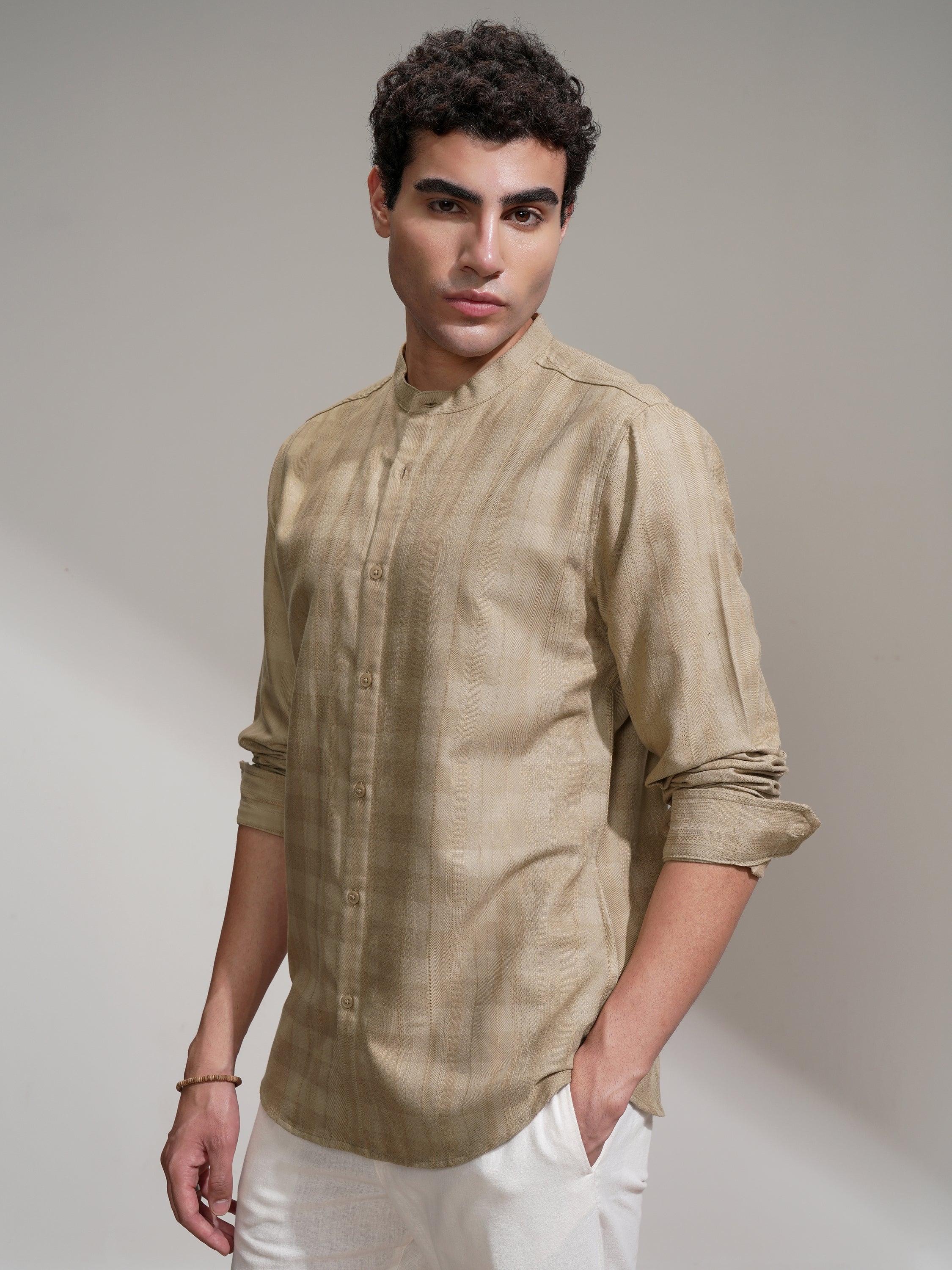 Highlander Men Khaki Self Design Slim Fit Casual Shirt - Khaki - Image 4