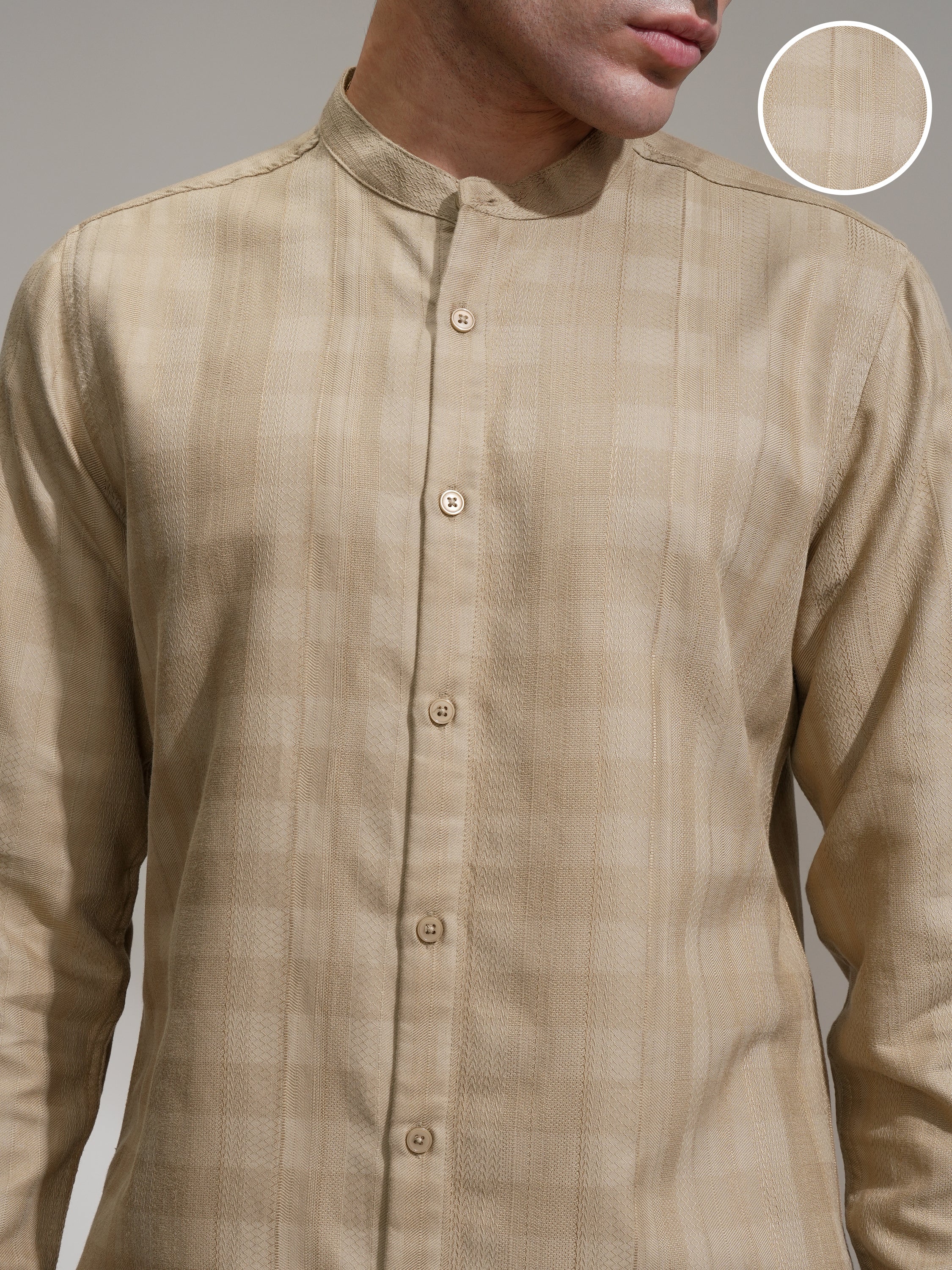Highlander Men Khaki Self Design Slim Fit Casual Shirt - Khaki - Image 5