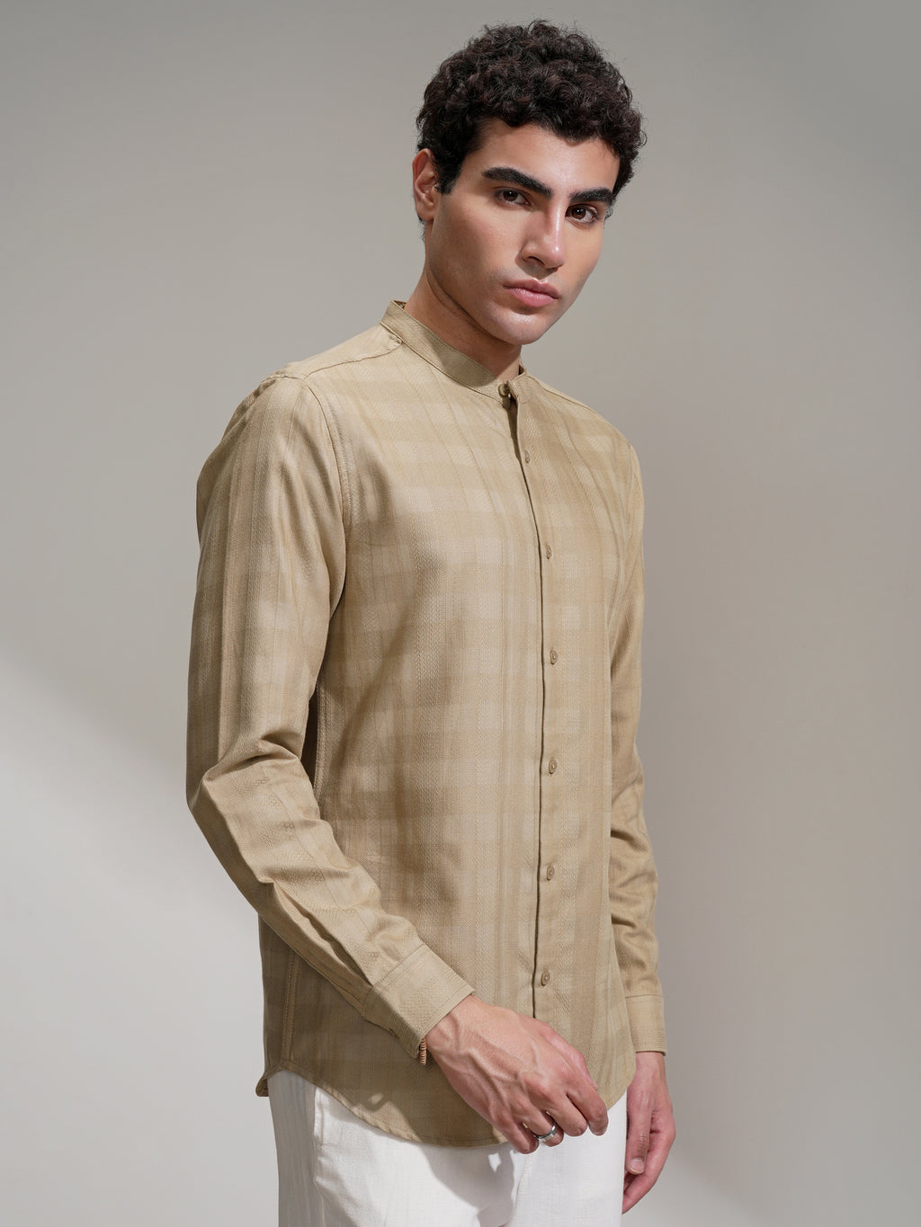 Highlander Men Khaki Self Design Slim Fit Casual Shirt - Khaki - Image 6