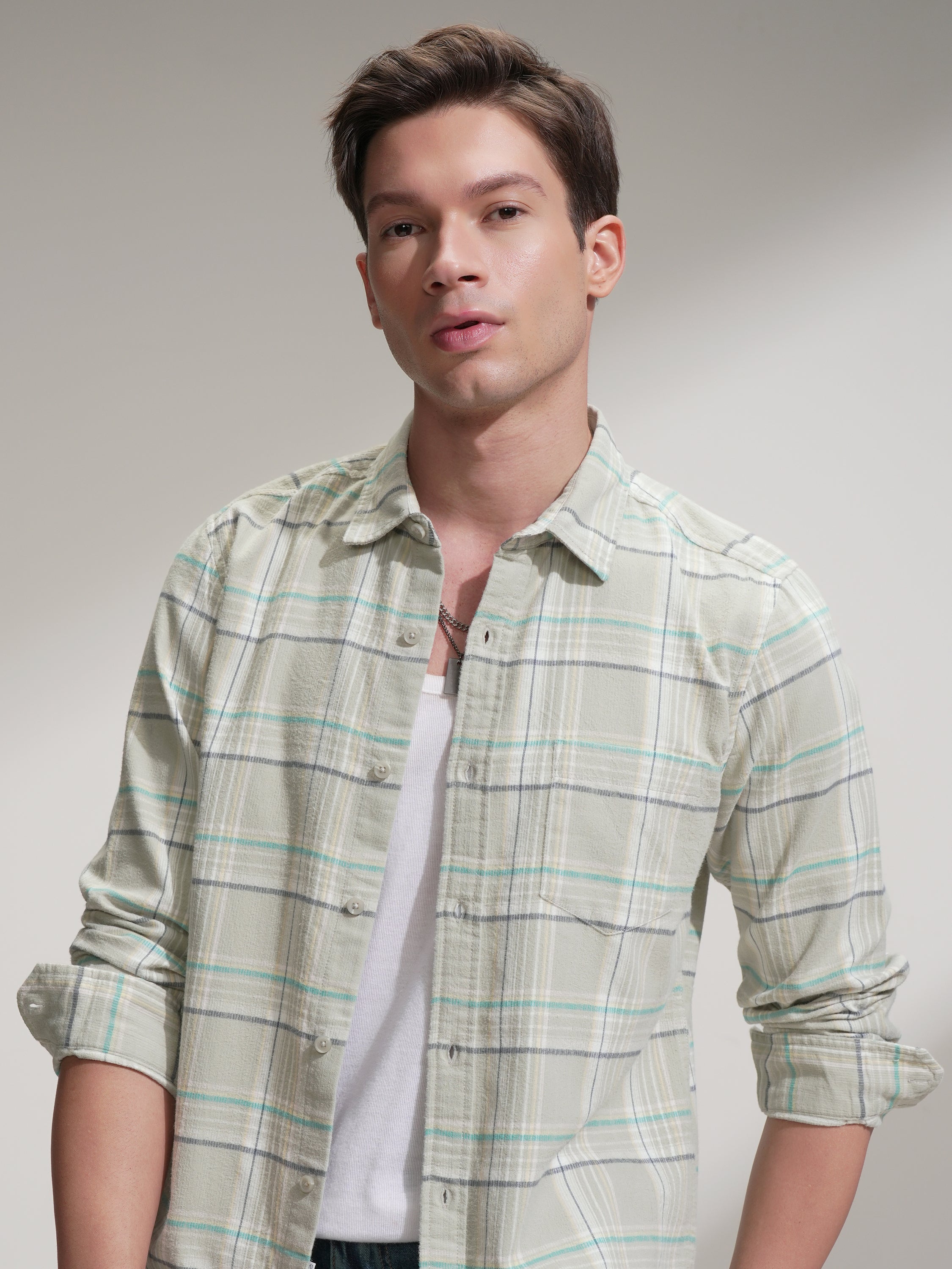 Highlander Men Teal Checked Slim Fit Casual Shirt - Teal - Image 1