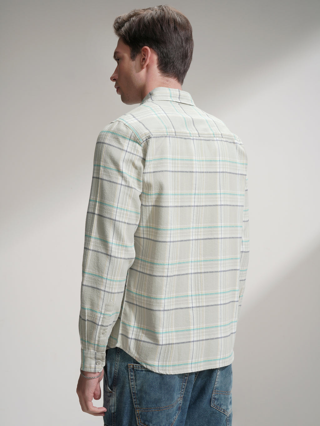 Highlander Men Teal Checked Slim Fit Casual Shirt - Teal - Image 3