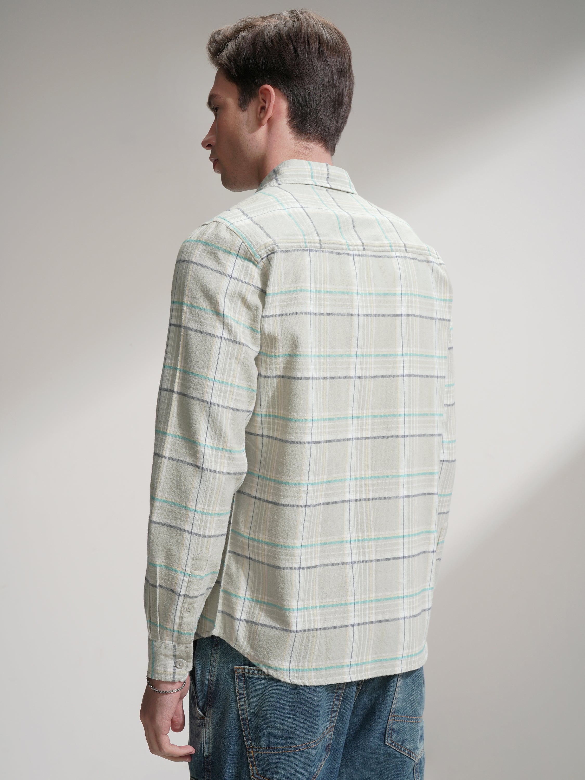 Highlander Men Teal Checked Slim Fit Casual Shirt - Teal - Image 3