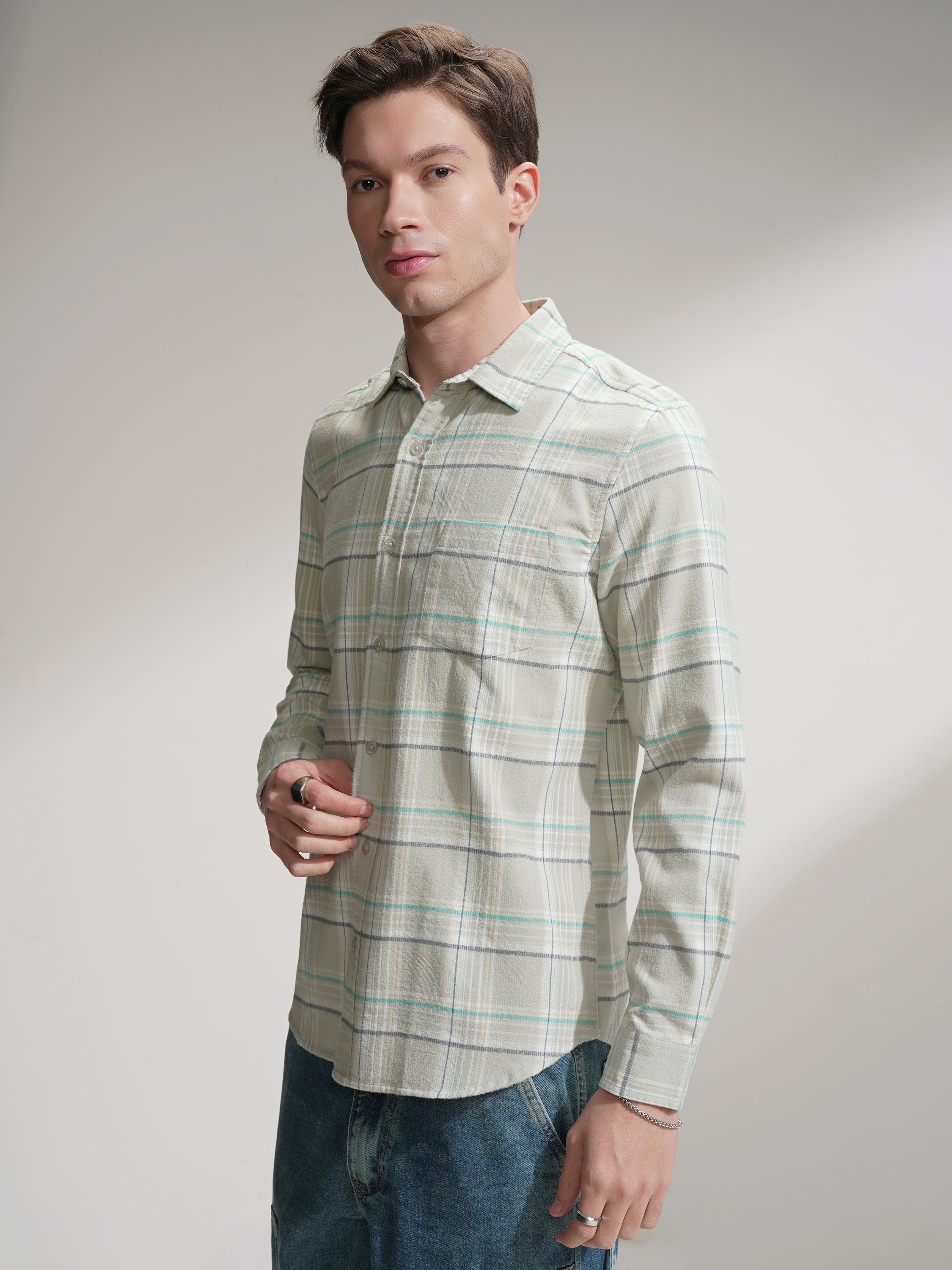 Highlander Men Teal Checked Slim Fit Casual Shirt - Teal - Image 4
