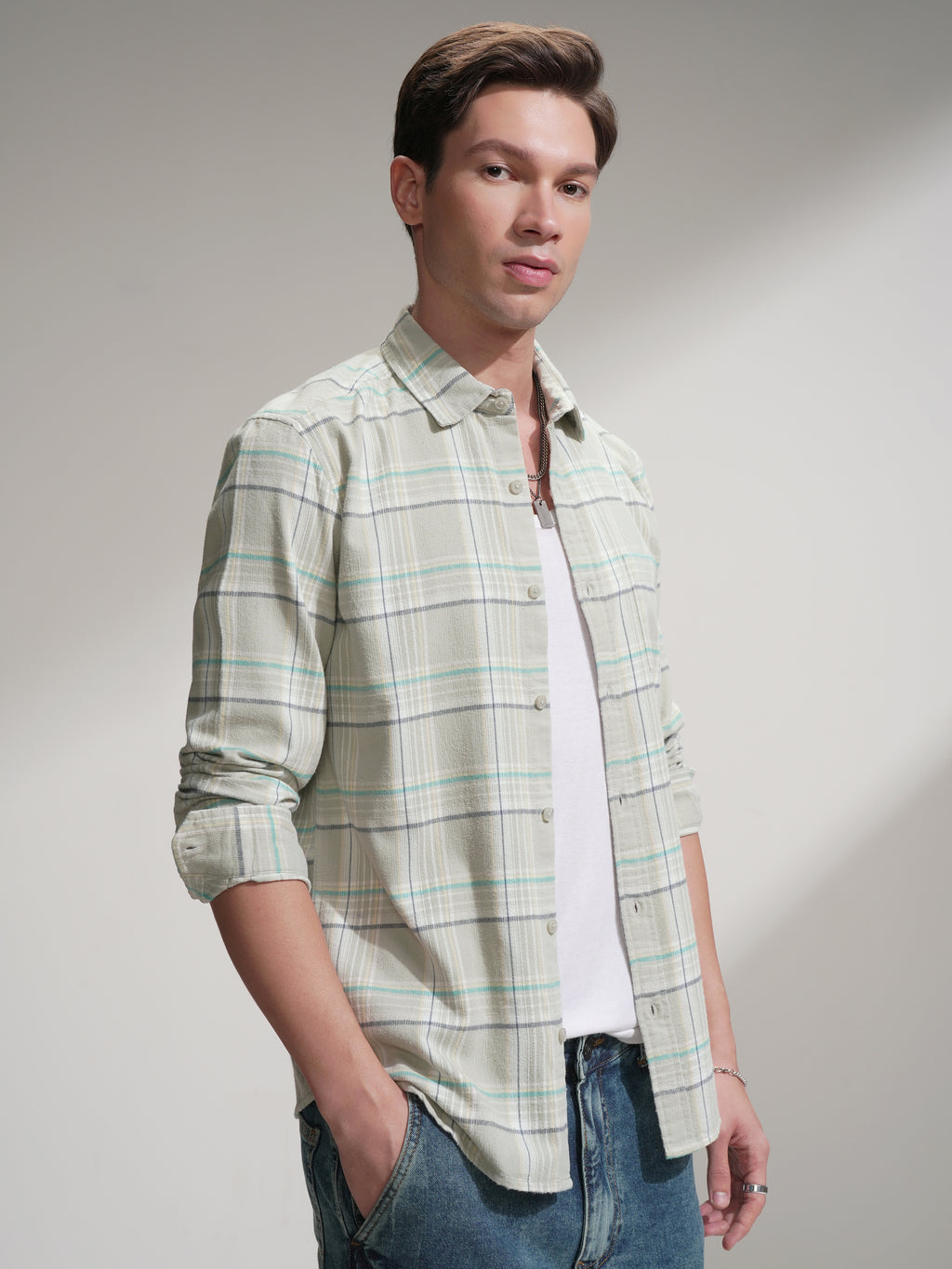 Highlander Men Teal Checked Slim Fit Casual Shirt - Teal - Image 6