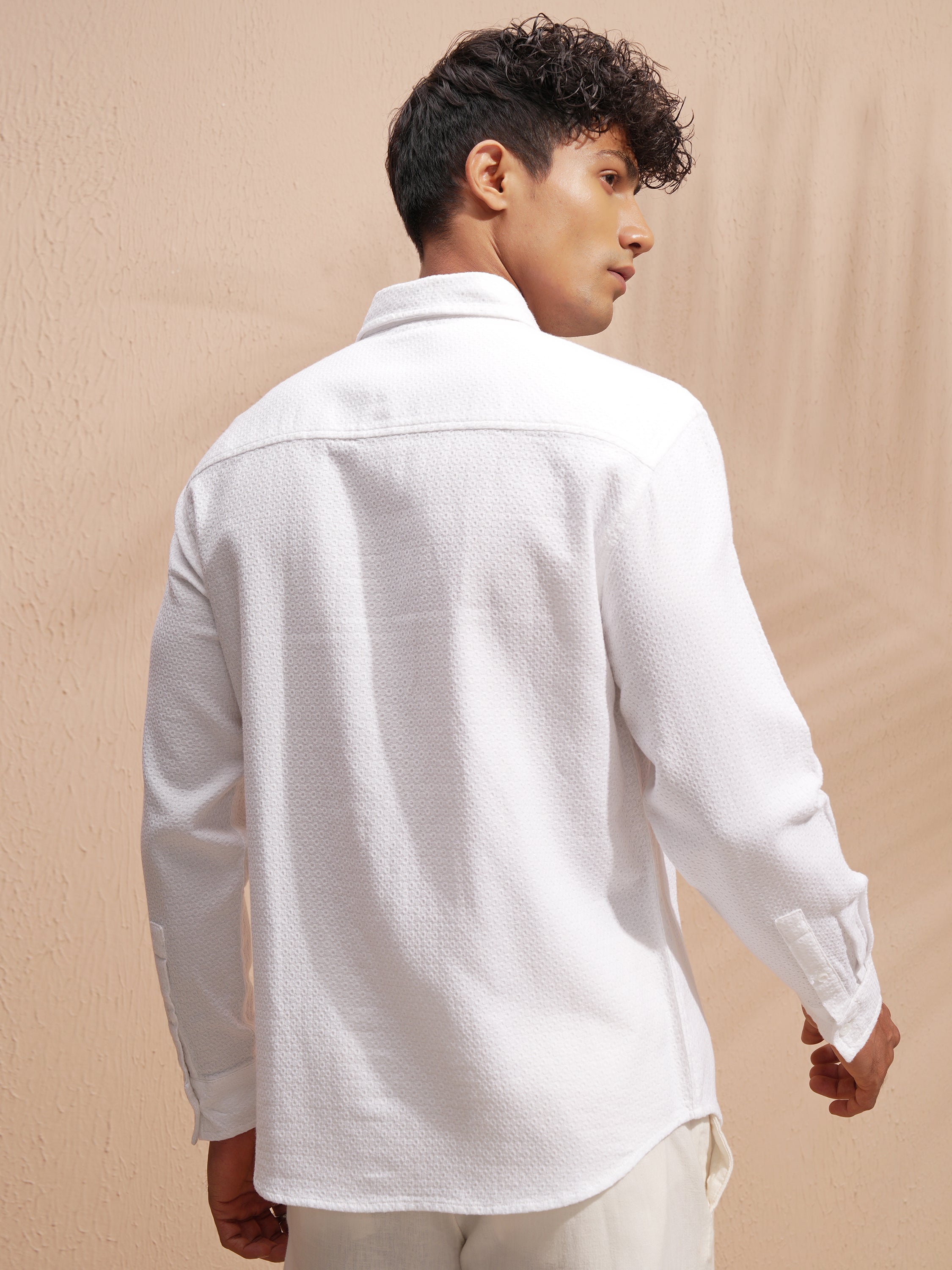 Highlander Men White Self Design Relaxed Fit Casual Shirt - White - Image 3