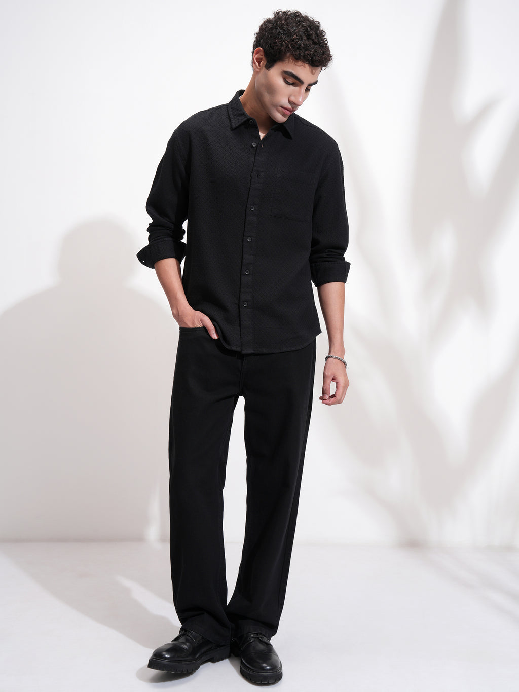 Highlander Men Black Self Design Relaxed Fit Casual Shirt - Black - Image 2
