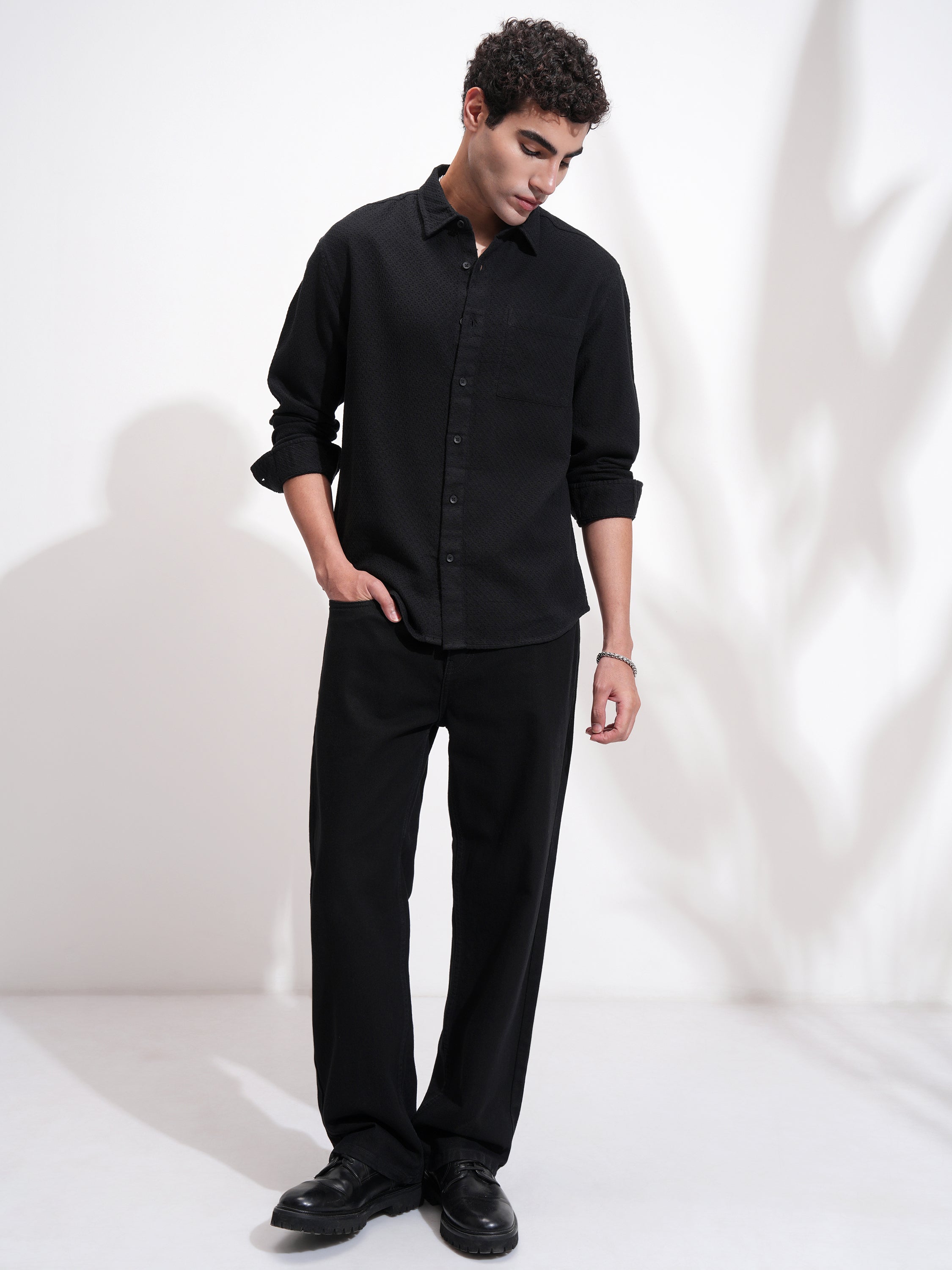 Highlander Men Black Self Design Relaxed Fit Casual Shirt - Black - Image 2