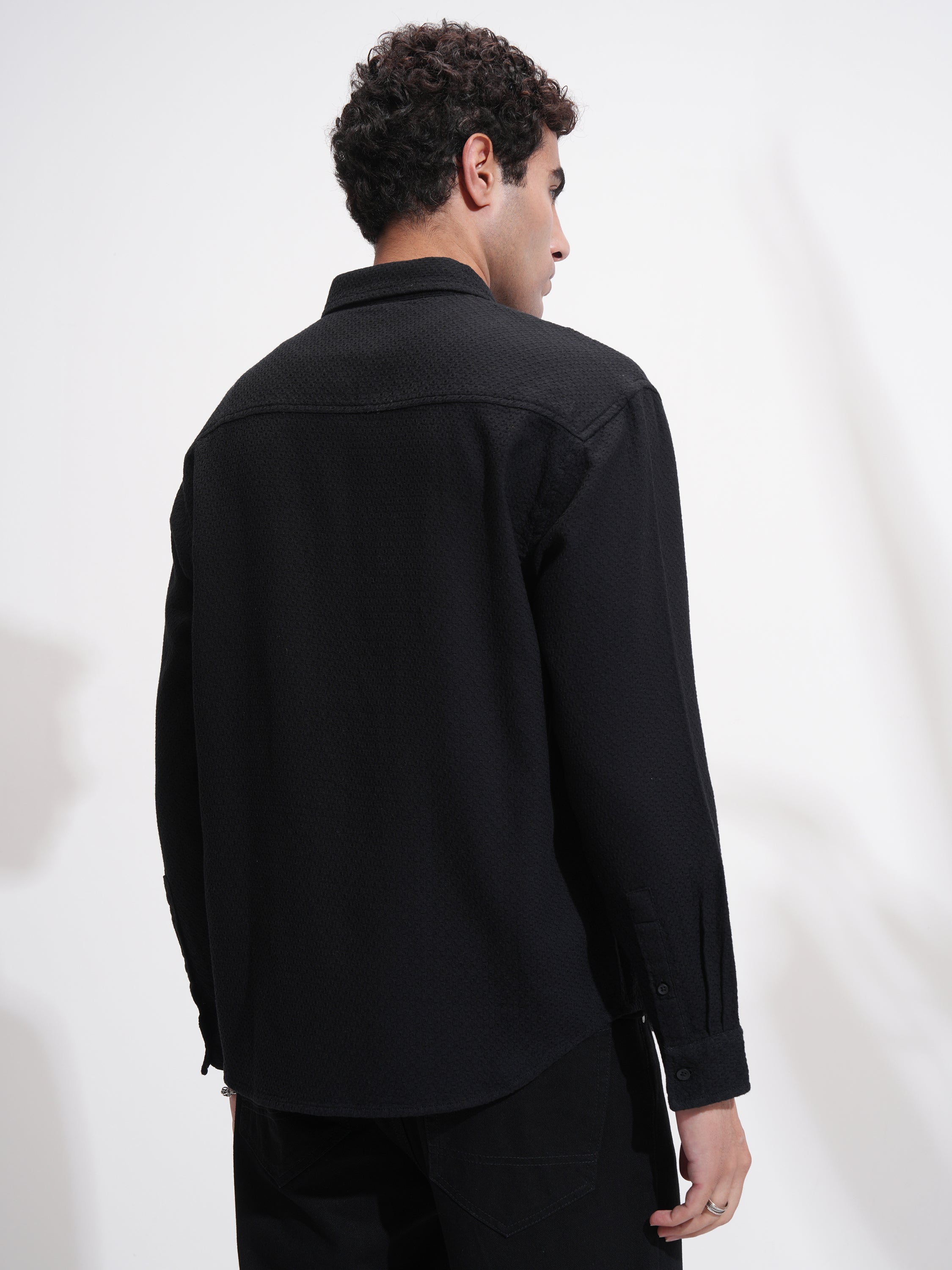 Highlander Men Black Self Design Relaxed Fit Casual Shirt - Black - Image 3