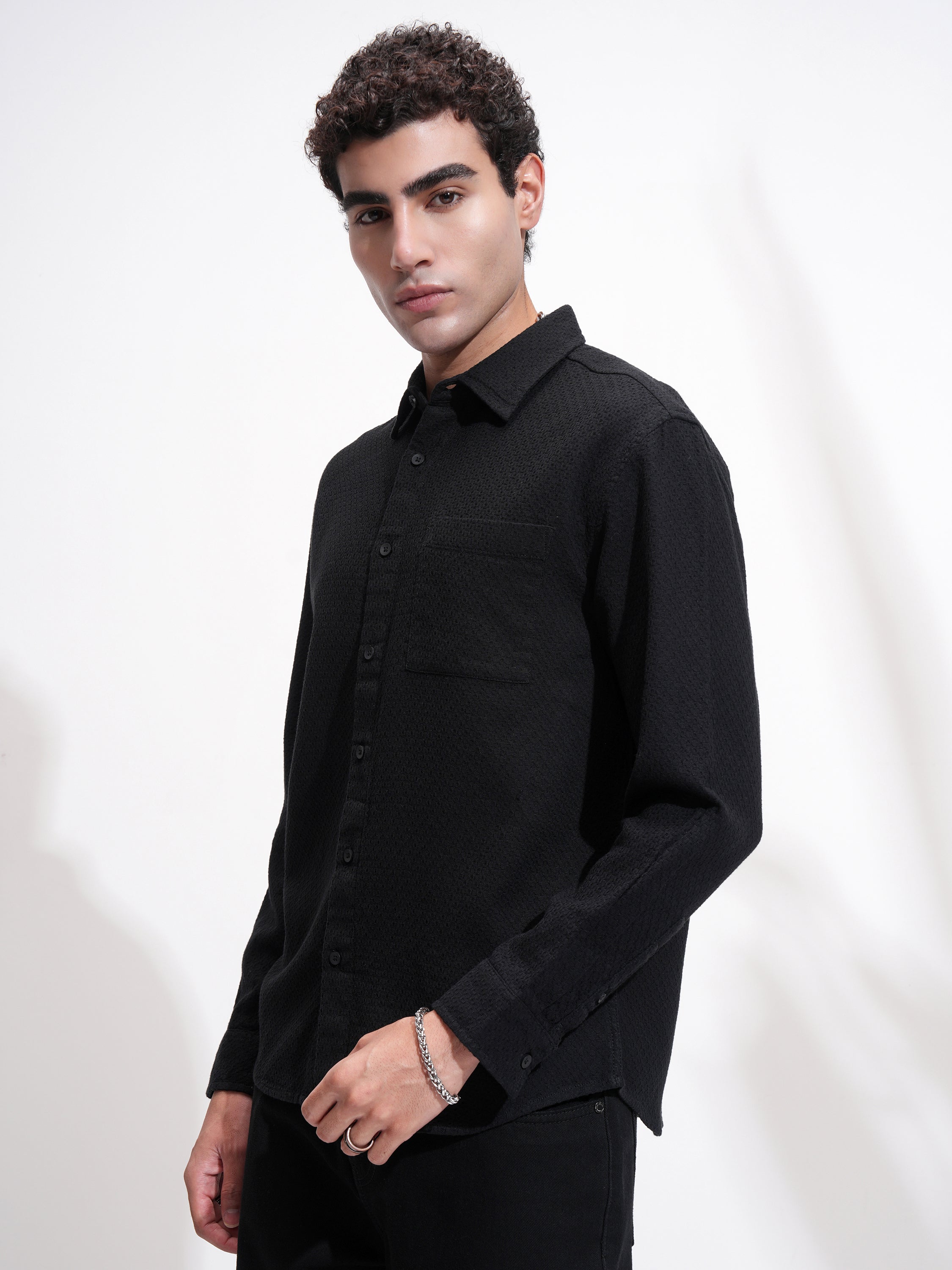 Highlander Men Black Self Design Relaxed Fit Casual Shirt - Black - Image 4