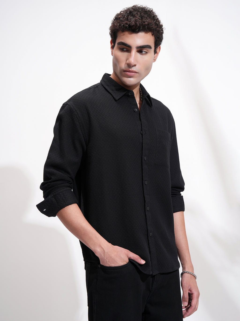 Highlander Men Black Self Design Relaxed Fit Casual Shirt - Black - Image 6
