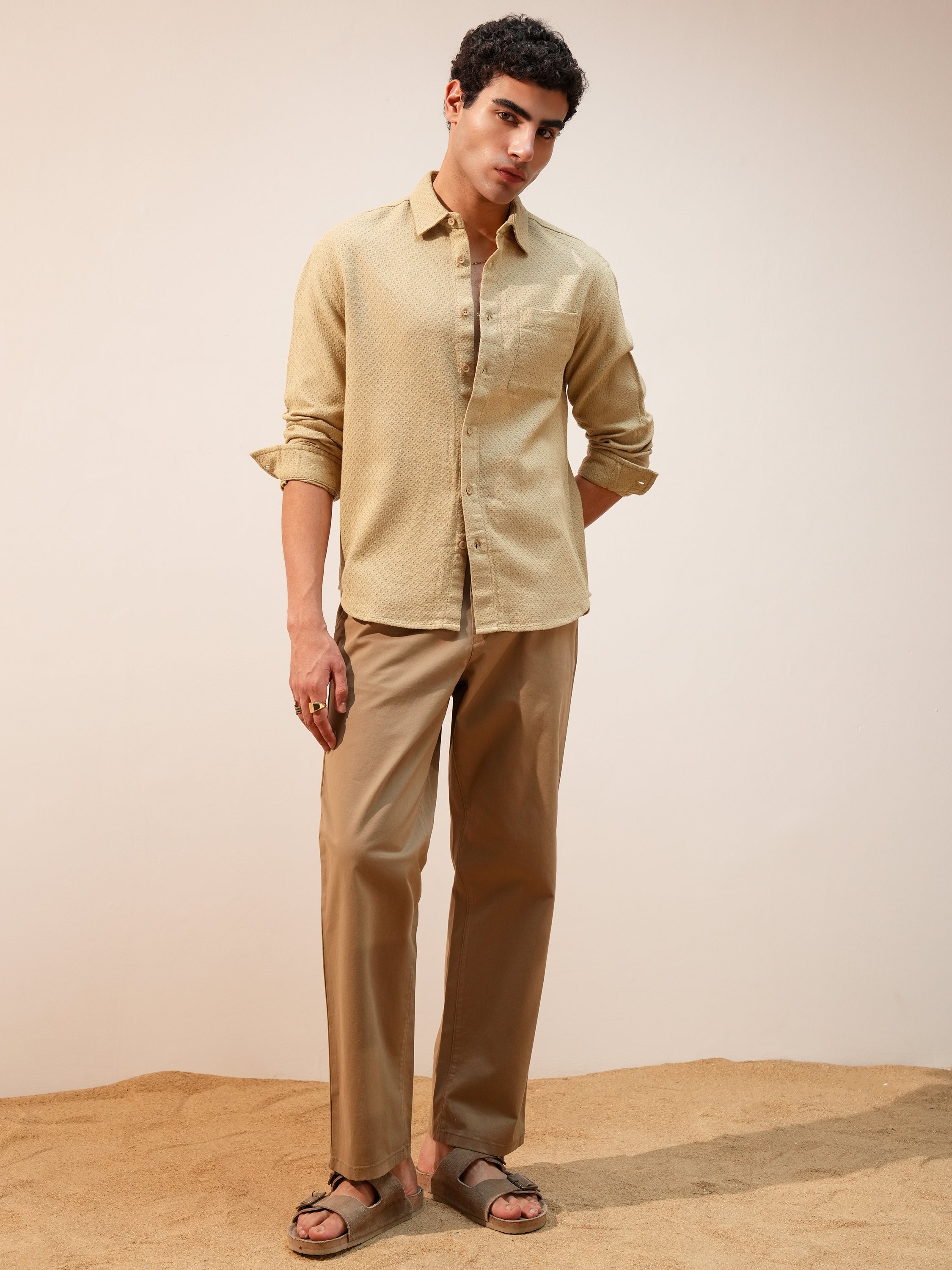 Highlander Men Gold Self Design Relaxed Fit Casual Shirt - Gold - Image 2