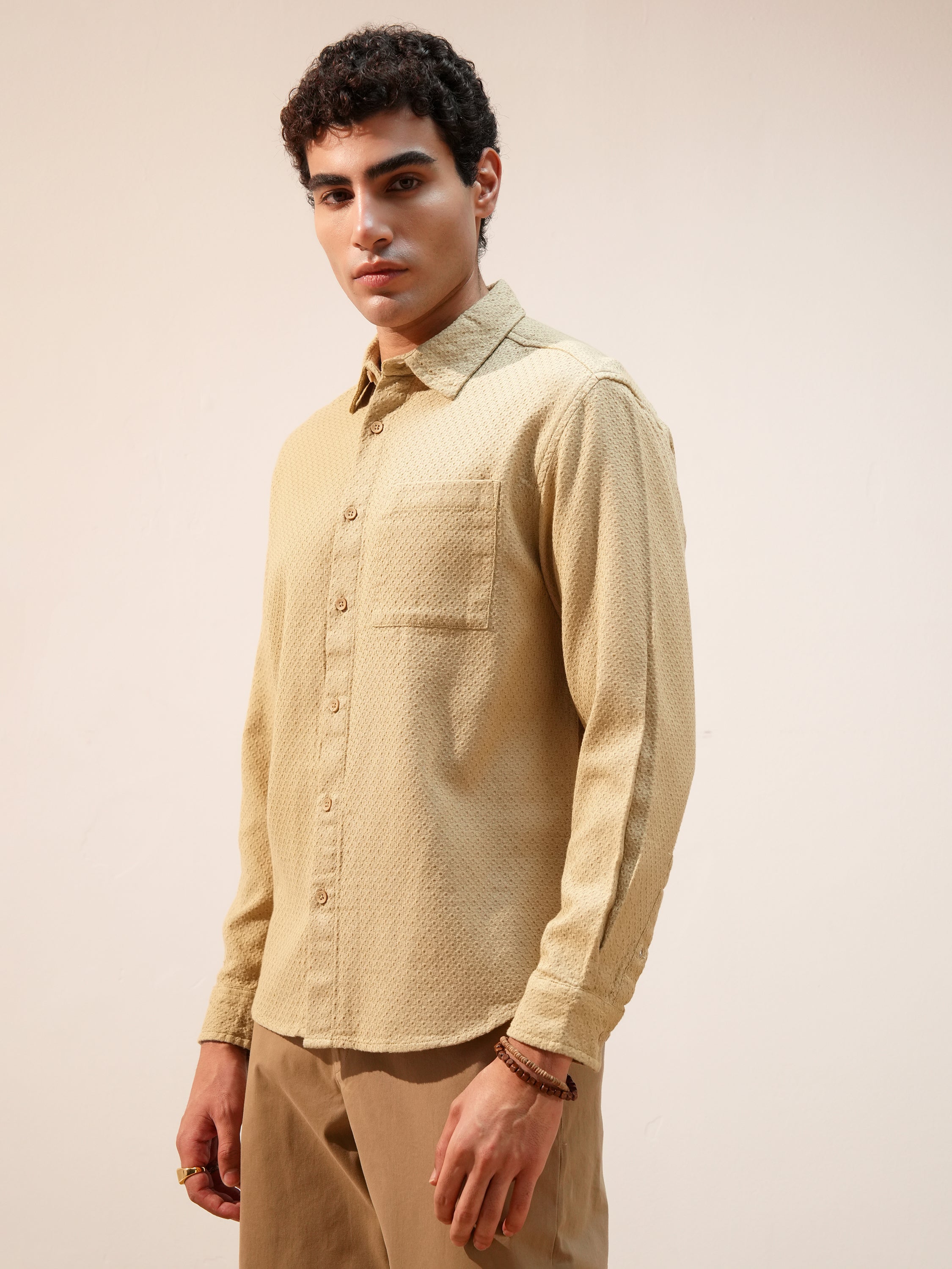 Highlander Men Gold Self Design Relaxed Fit Casual Shirt - Gold - Image 4