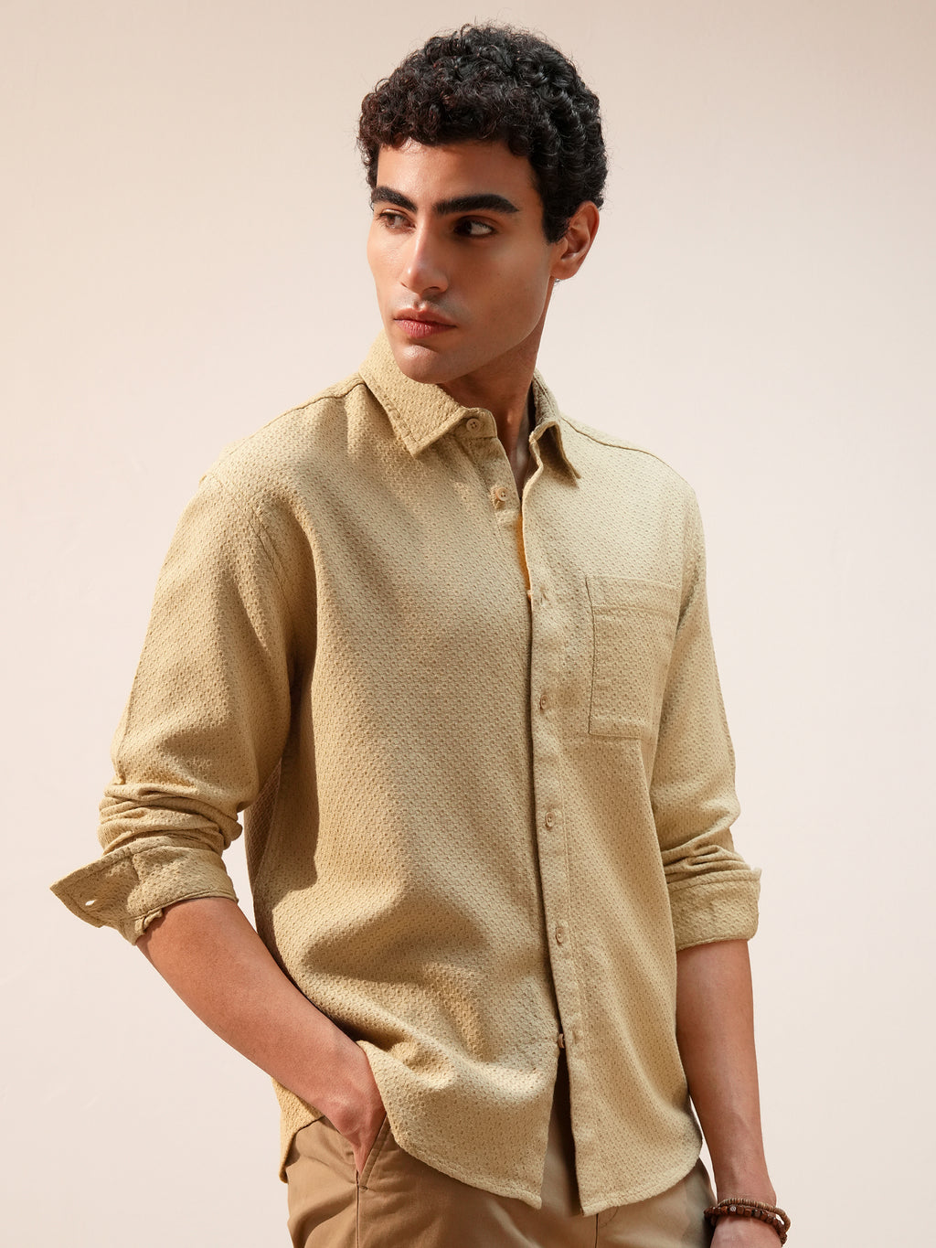 Highlander Men Gold Self Design Relaxed Fit Casual Shirt - Gold - Image 6