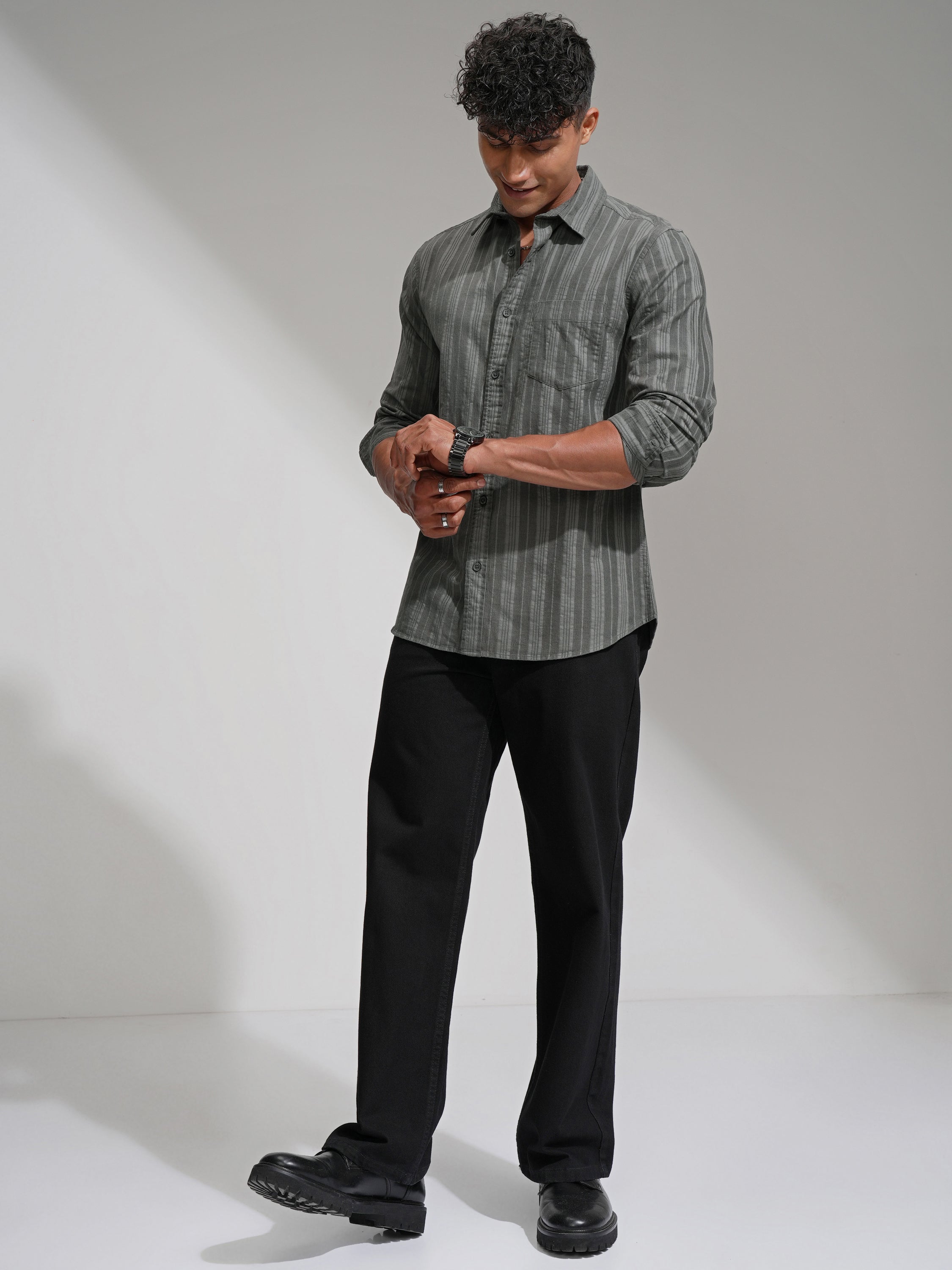Highlander Men Grey Striped Slim Fit Casual Shirt - Grey - Image 2