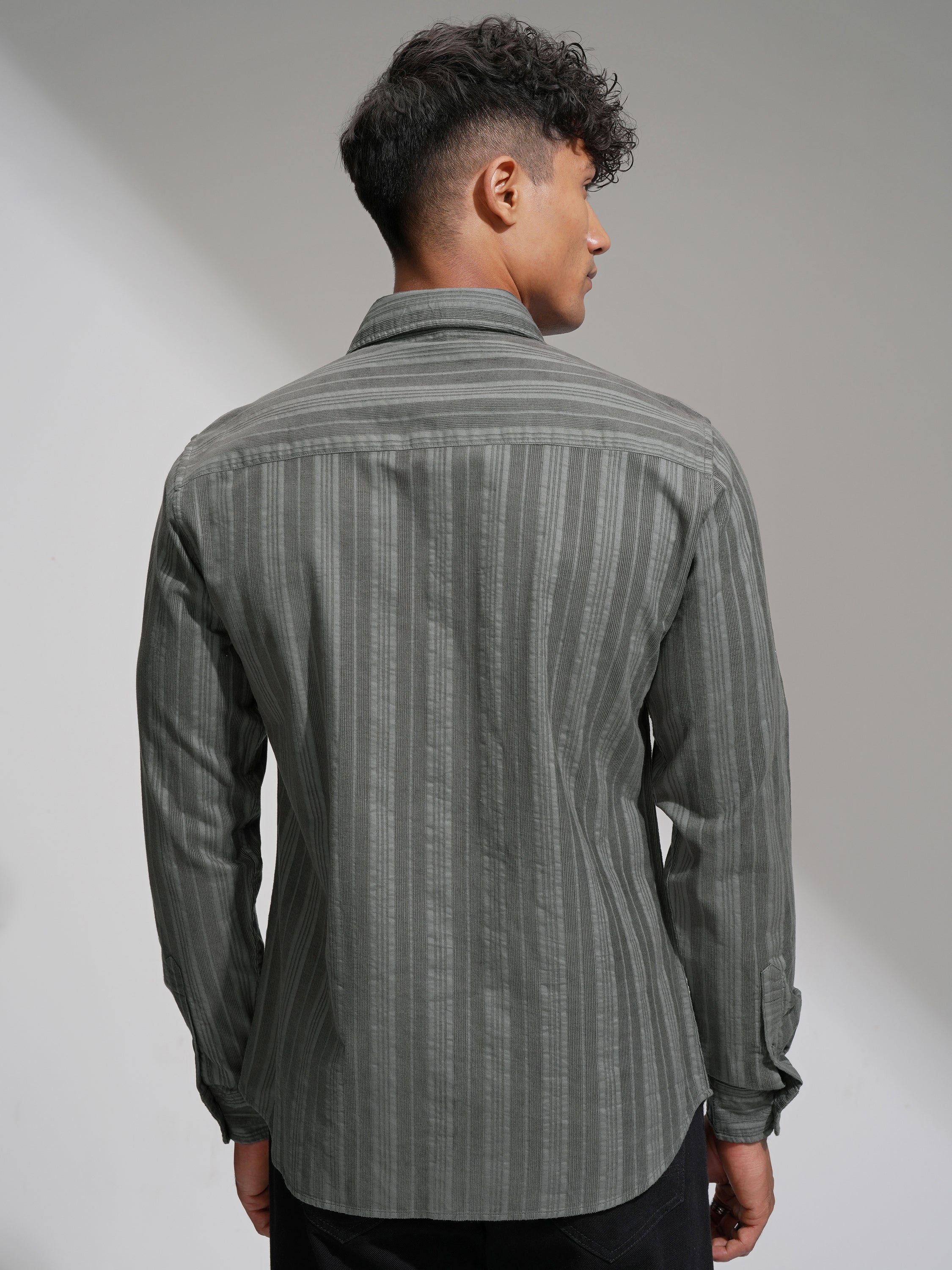 Highlander Men Grey Striped Slim Fit Casual Shirt - Grey - Image 3