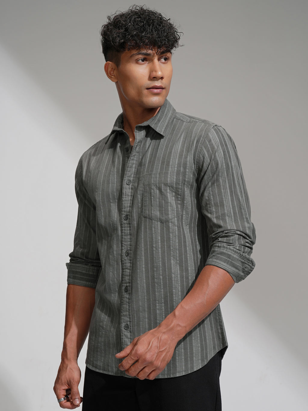 Highlander Men Grey Striped Slim Fit Casual Shirt - Grey - Image 4