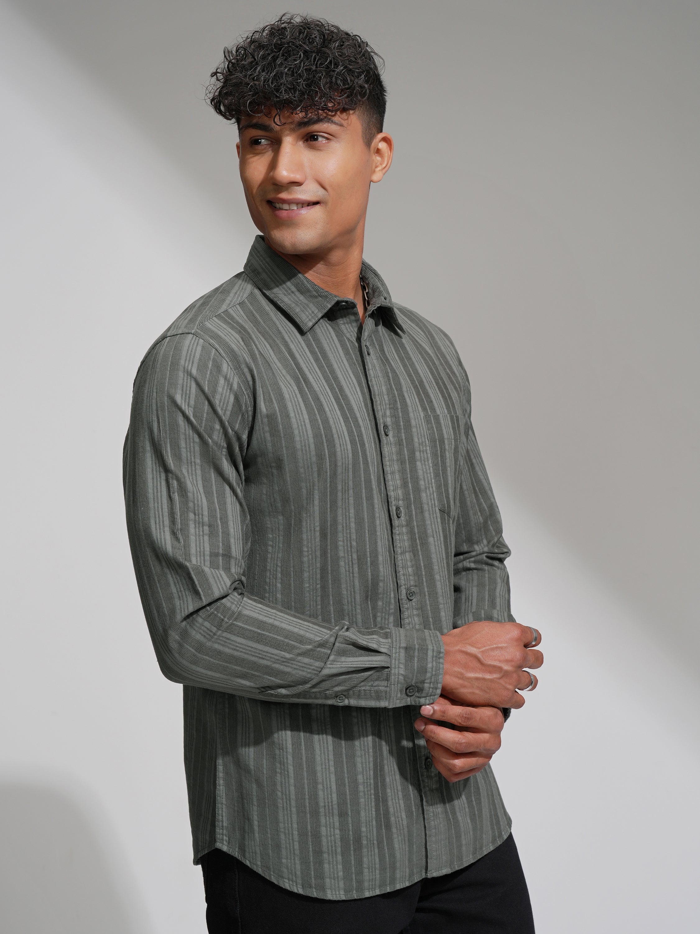 Highlander Men Grey Striped Slim Fit Casual Shirt - Grey - Image 6