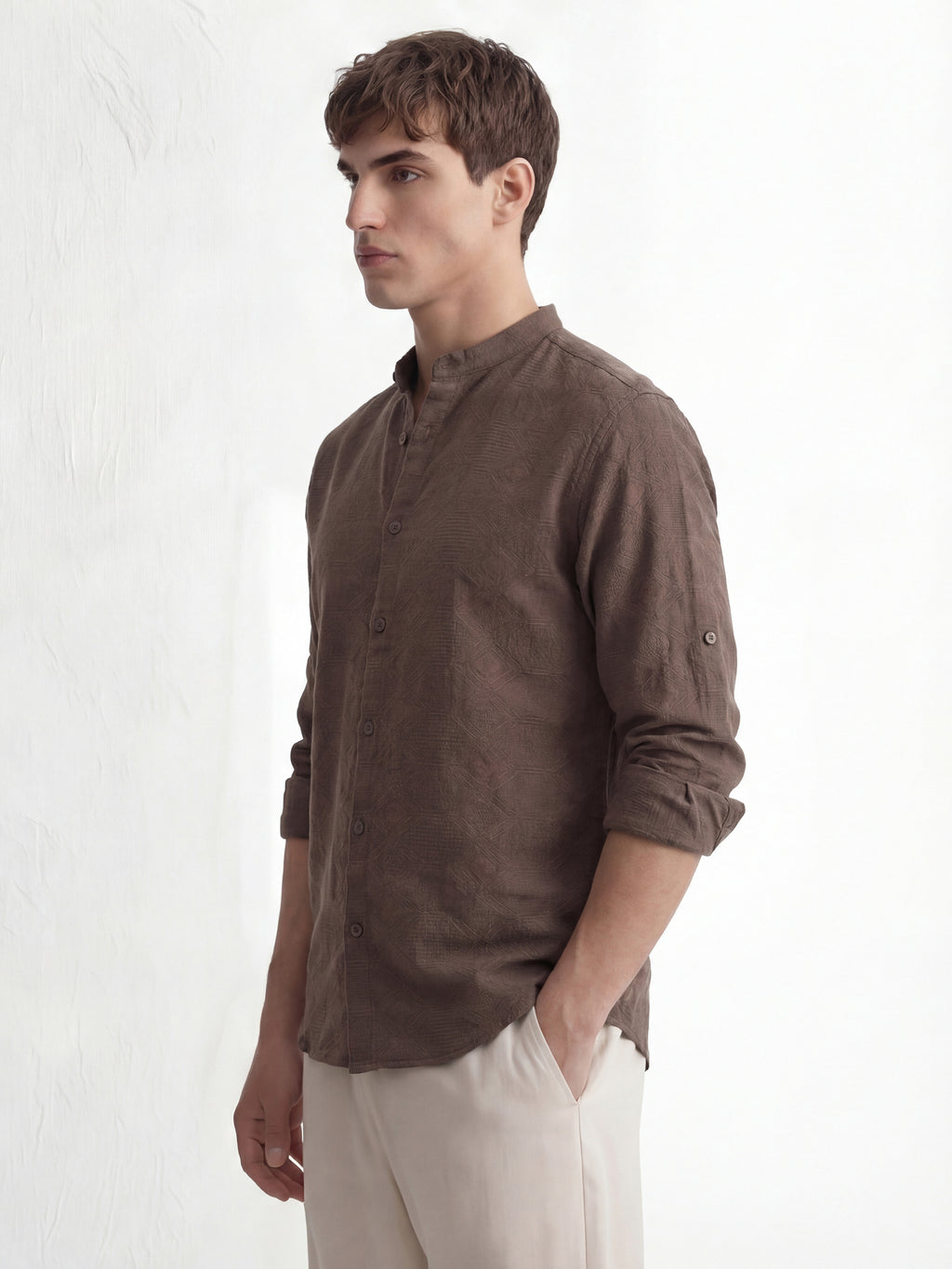 Highlander Men Brown Self Design Regular Fit Casual Shirt - Brown - Image 4