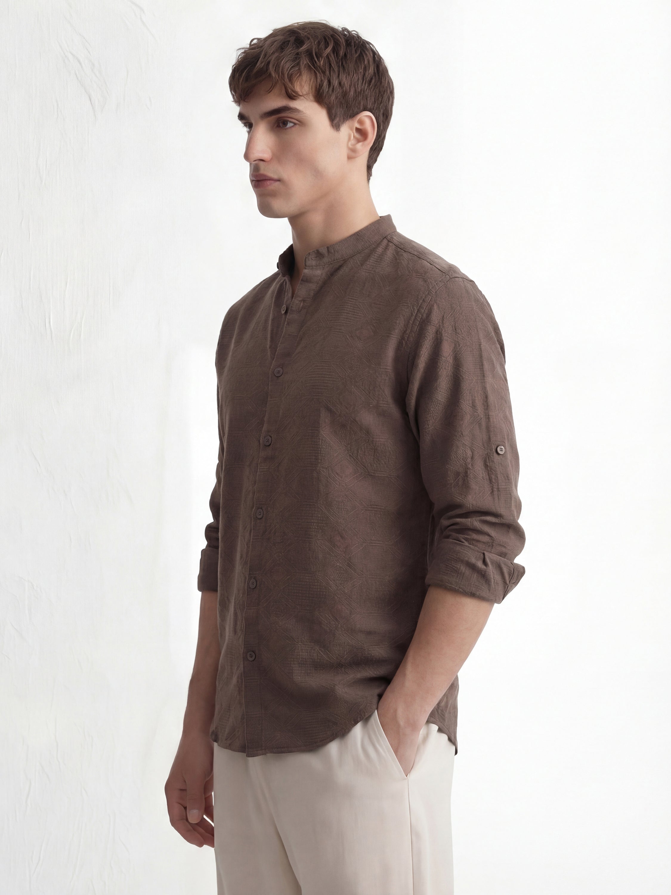Highlander Men Brown Self Design Regular Fit Casual Shirt - Brown - Image 4