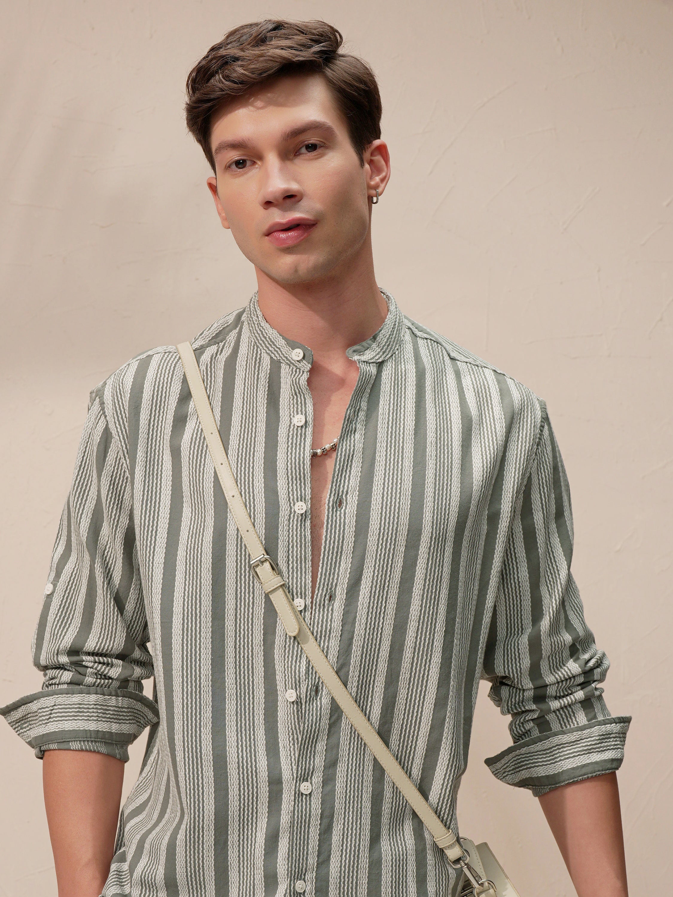 Highlander Men Olive Striped Relaxed Fit Casual Shirt - Olive - Image 1
