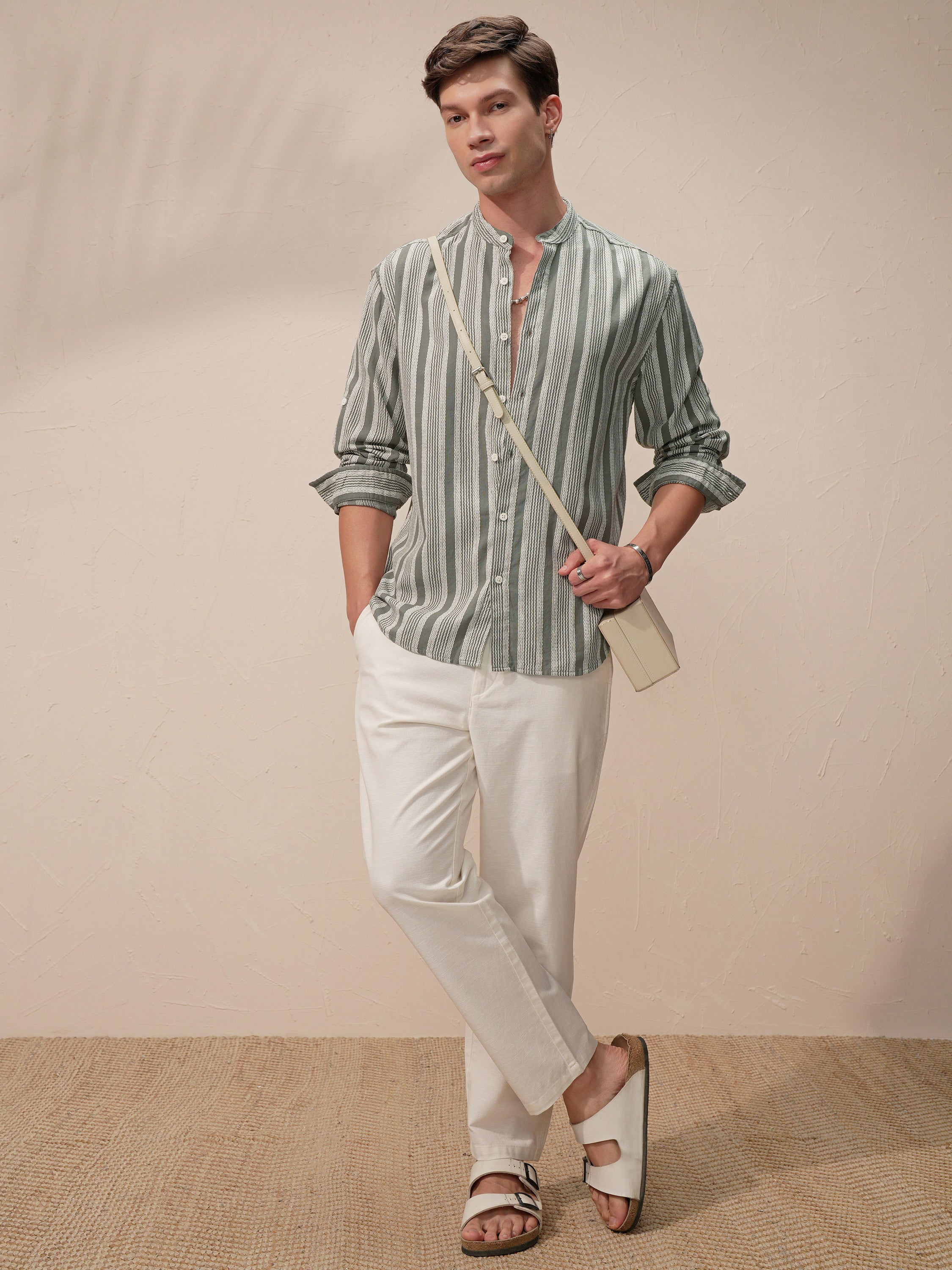 Highlander Men Olive Striped Relaxed Fit Casual Shirt - Olive - Image 2