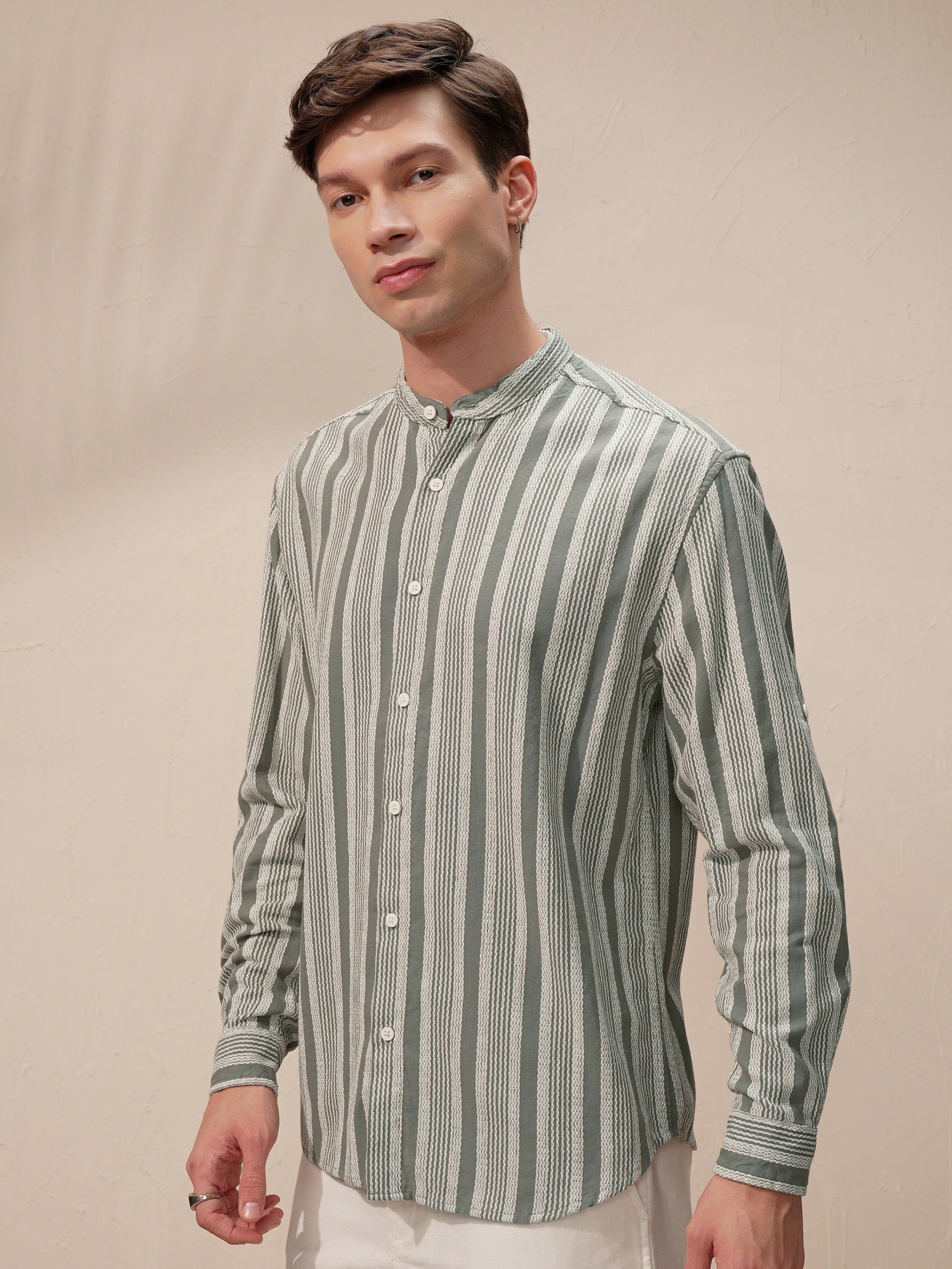 Highlander Men Olive Striped Relaxed Fit Casual Shirt - Olive - Image 4
