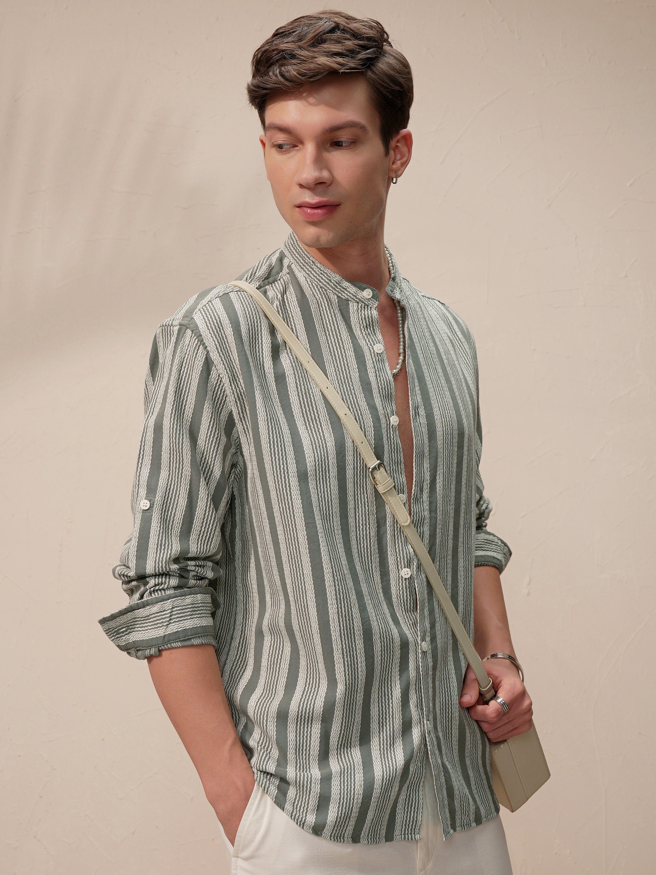 Highlander Men Olive Striped Relaxed Fit Casual Shirt - Olive - Image 6