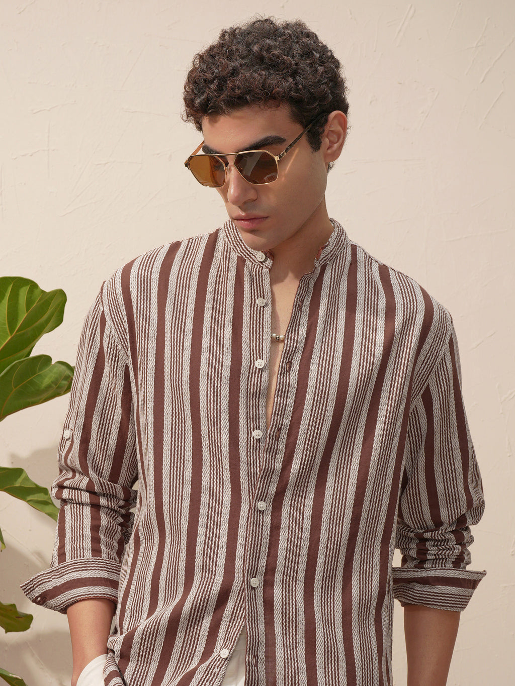 Highlander Men Brown Striped Relaxed Fit Casual Shirt - Brown - Image 1