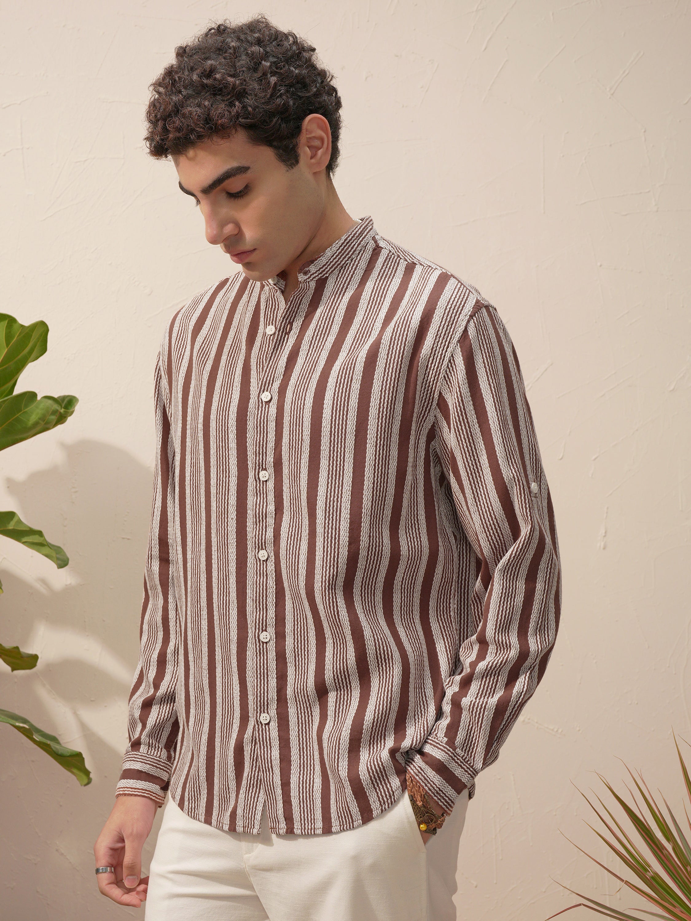Highlander Men Brown Striped Relaxed Fit Casual Shirt - Brown - Image 4