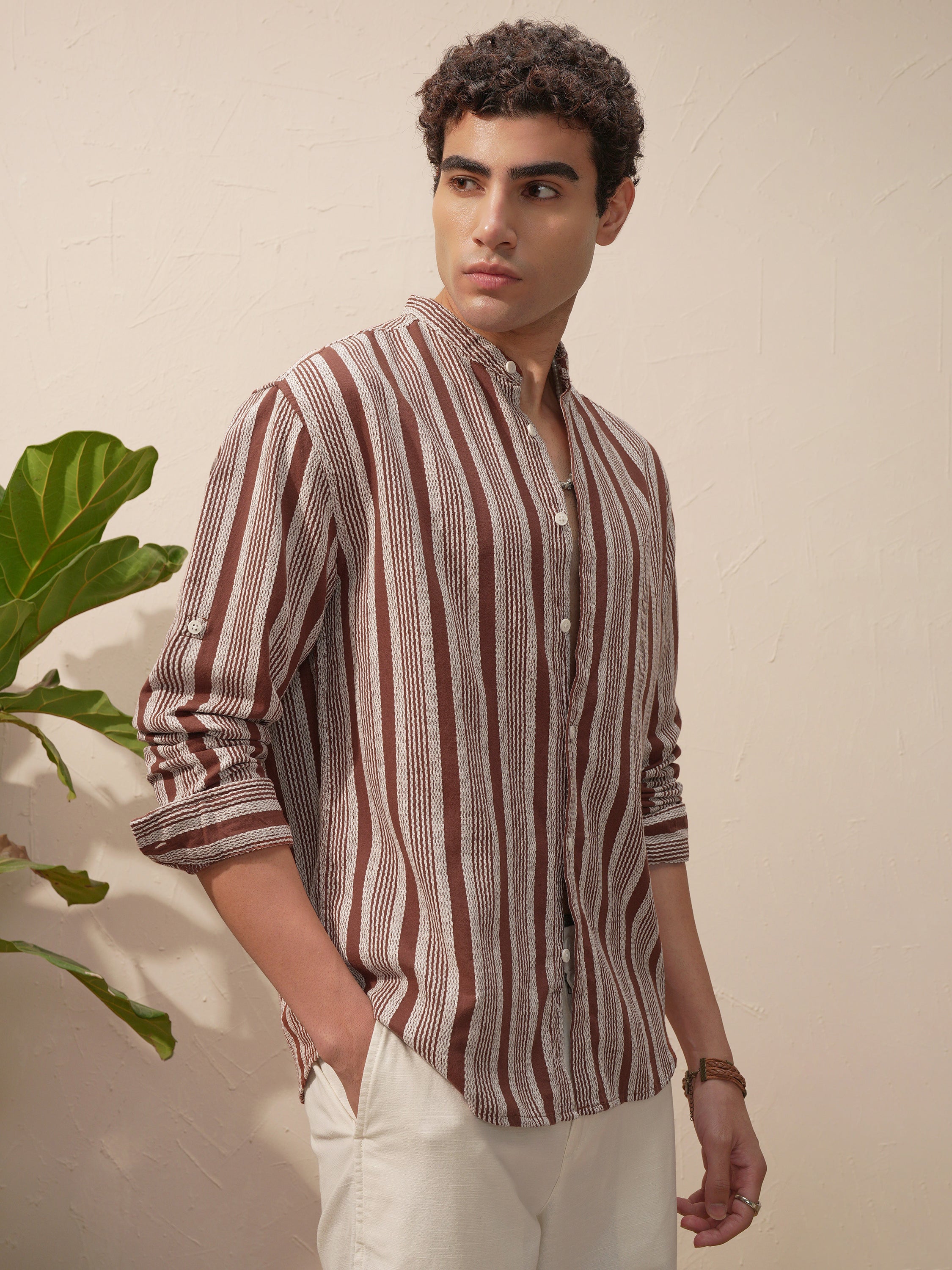 Highlander Men Brown Striped Relaxed Fit Casual Shirt - Brown - Image 6