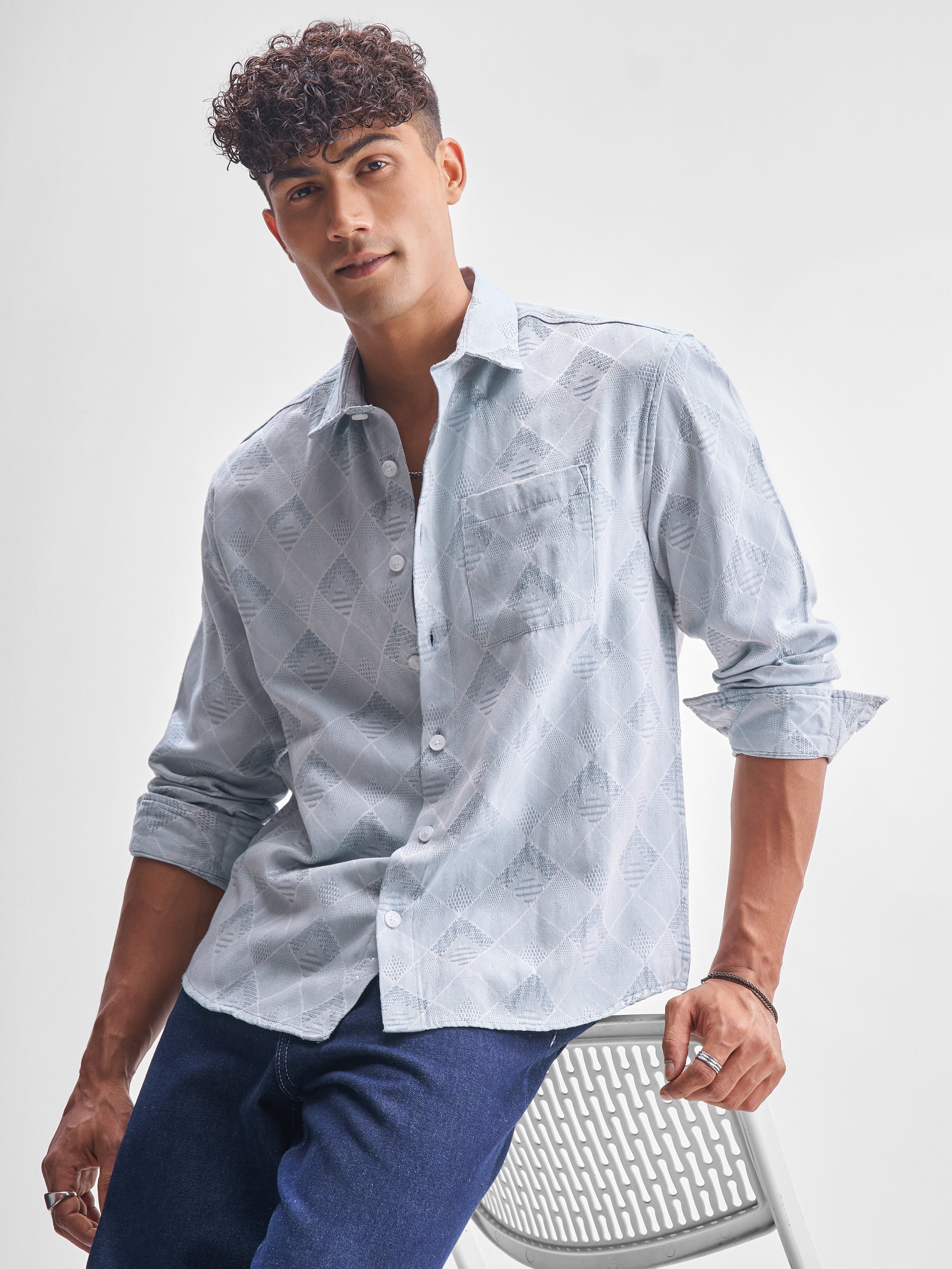 Highlander Men Blue Self Design Relaxed Fit Casual Shirt - Blue - Image 1