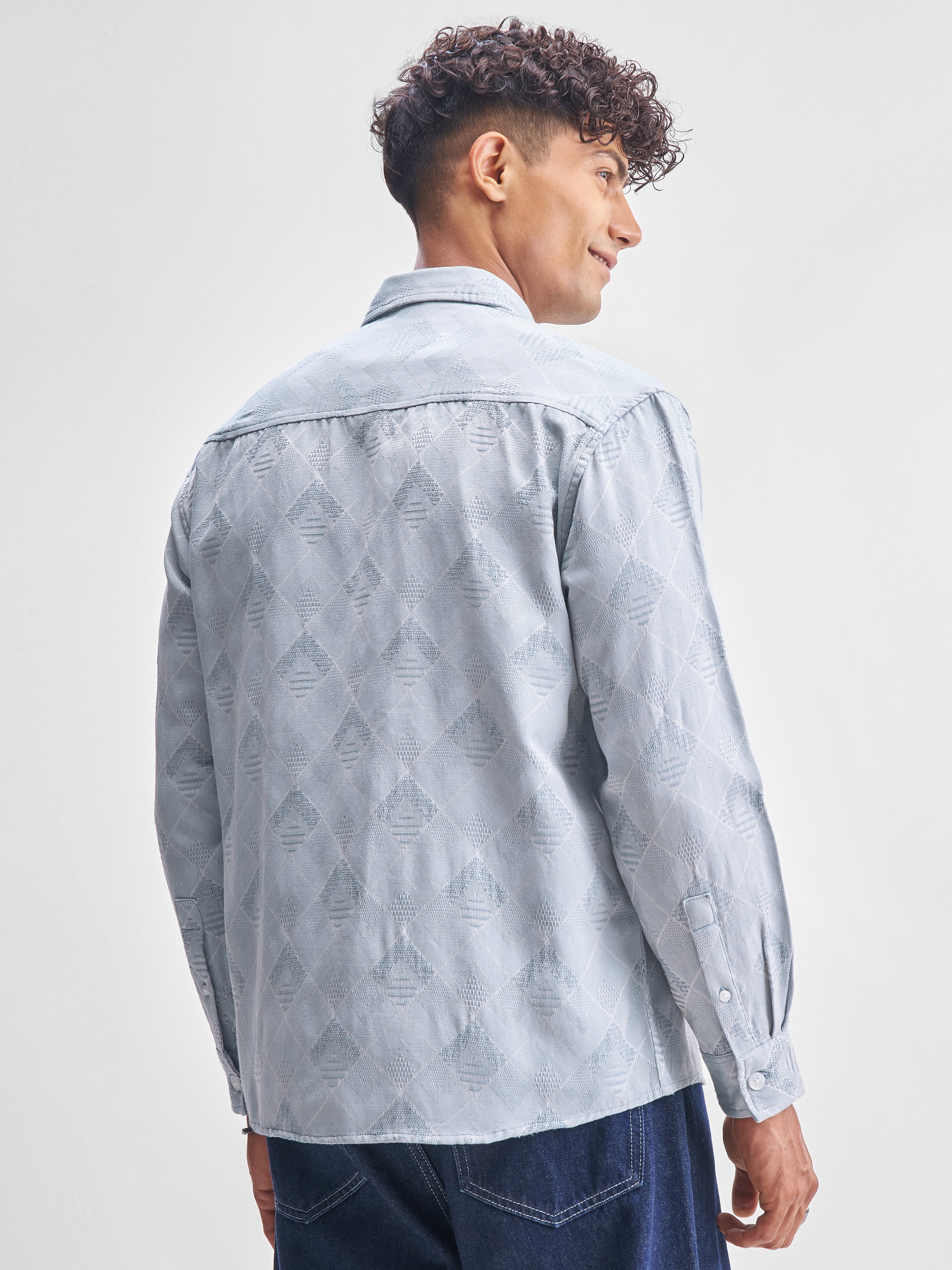 Highlander Men Blue Self Design Relaxed Fit Casual Shirt - Blue - Image 3