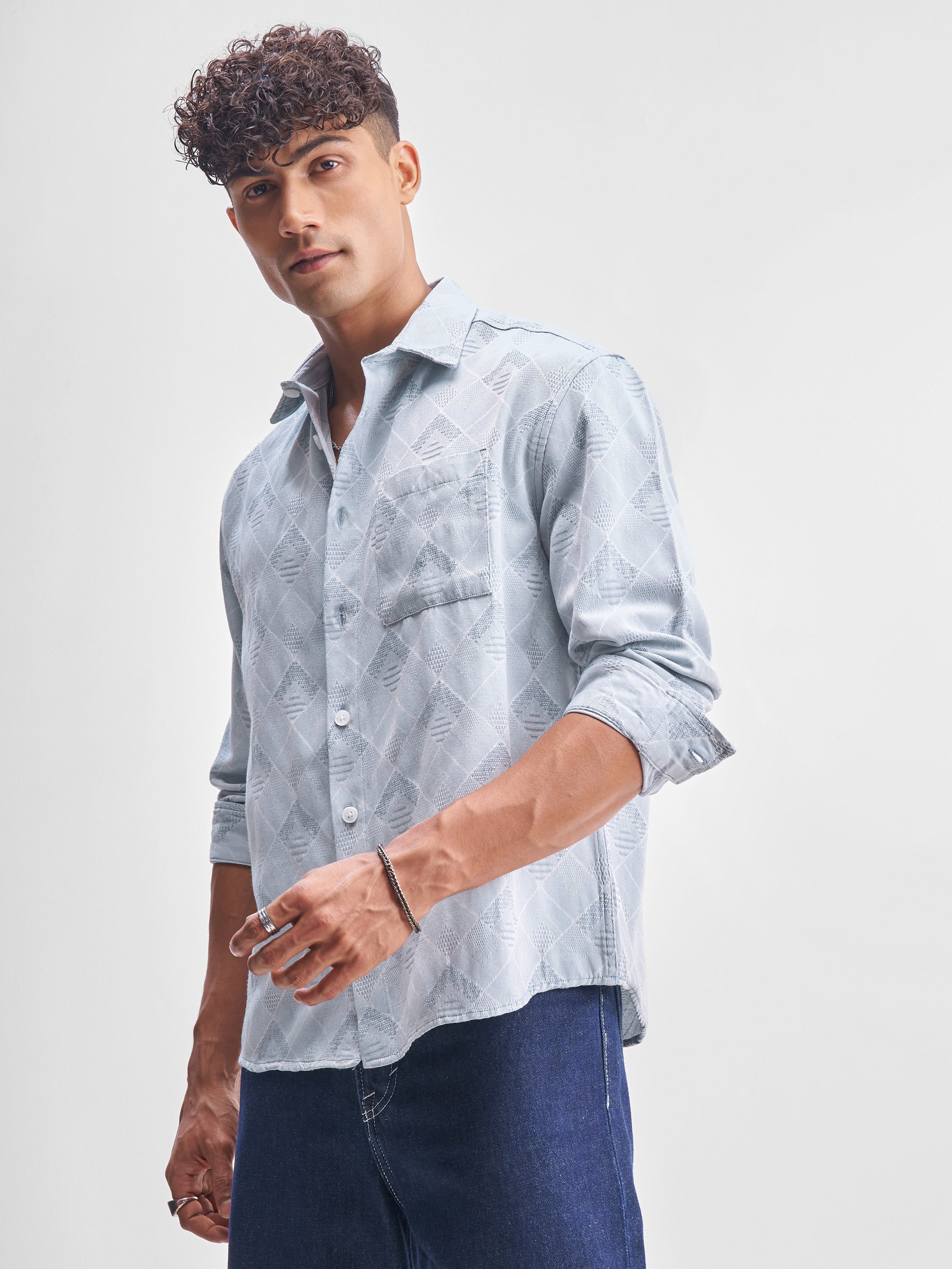 Highlander Men Blue Self Design Relaxed Fit Casual Shirt - Blue - Image 4