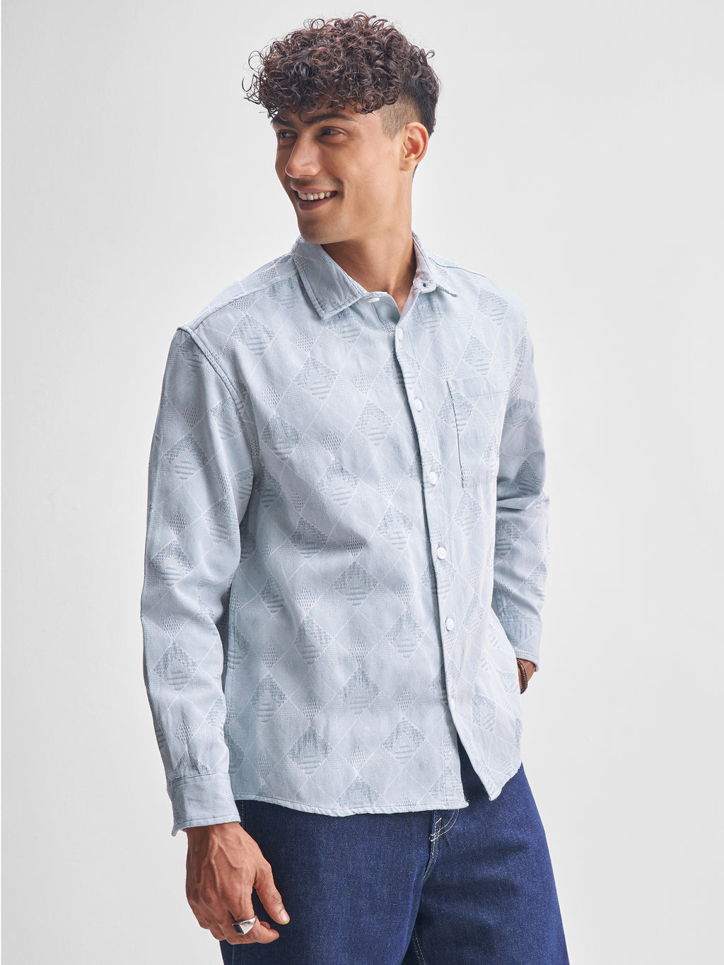 Highlander Men Blue Self Design Relaxed Fit Casual Shirt - Blue - Image 6