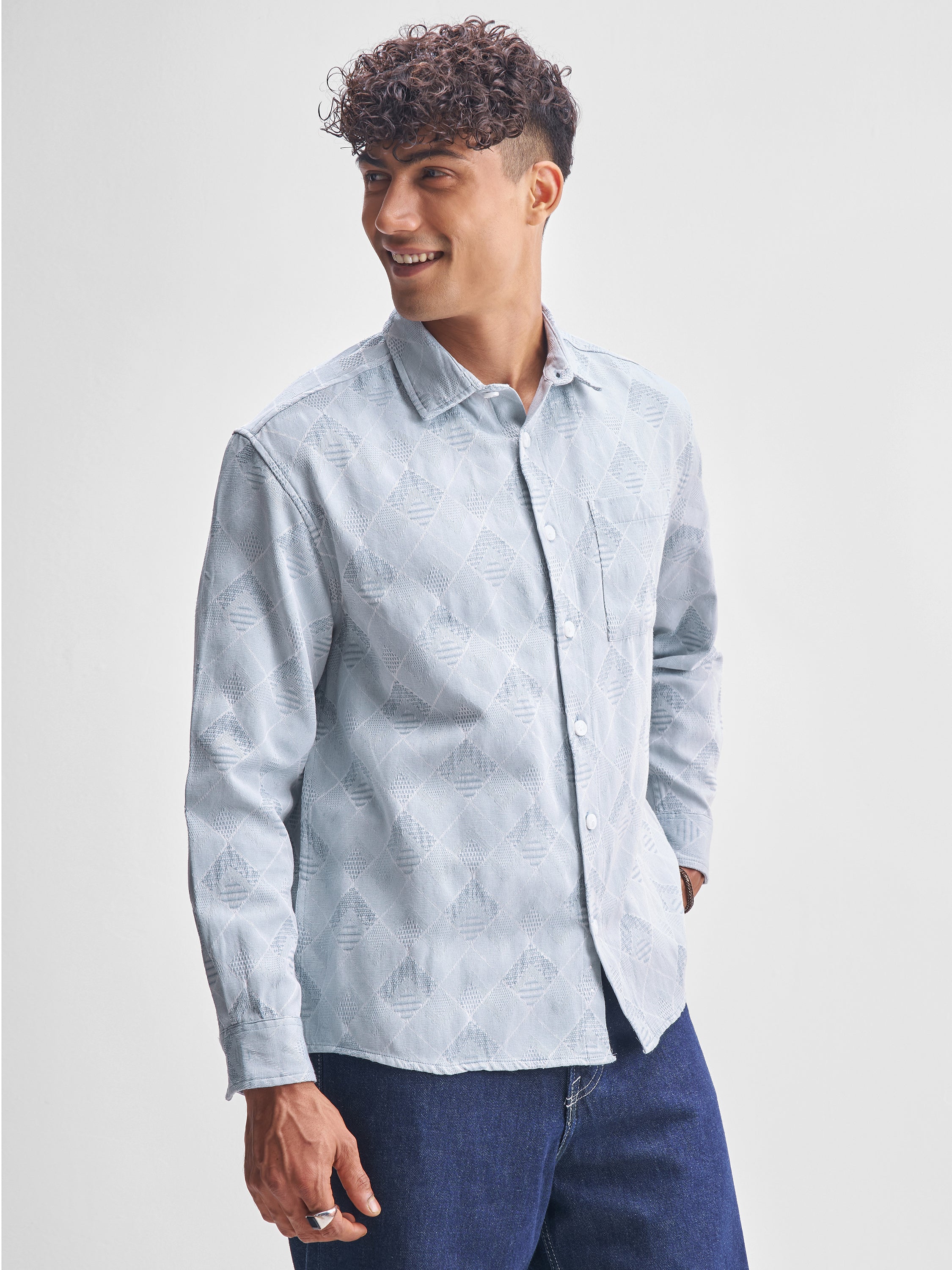 Highlander Men Blue Self Design Relaxed Fit Casual Shirt - Blue - Image 6
