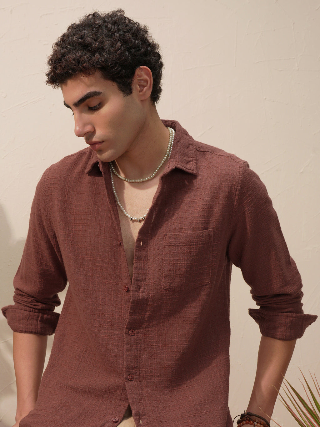Highlander Men Brown Self Design Slim Fit Casual Shirt - Brown - Image 1