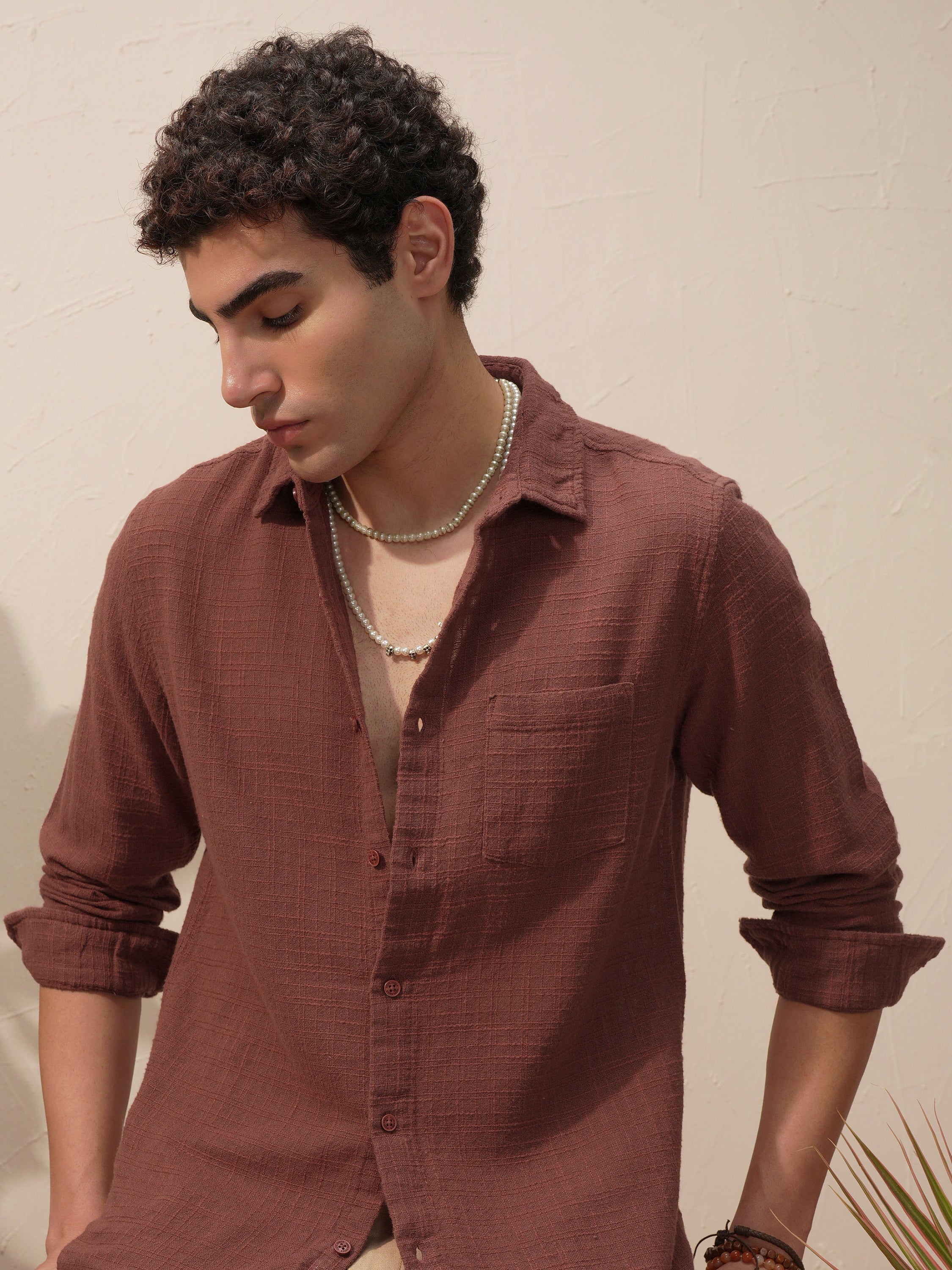 Highlander Men Brown Self Design Slim Fit Casual Shirt - Brown - Image 1