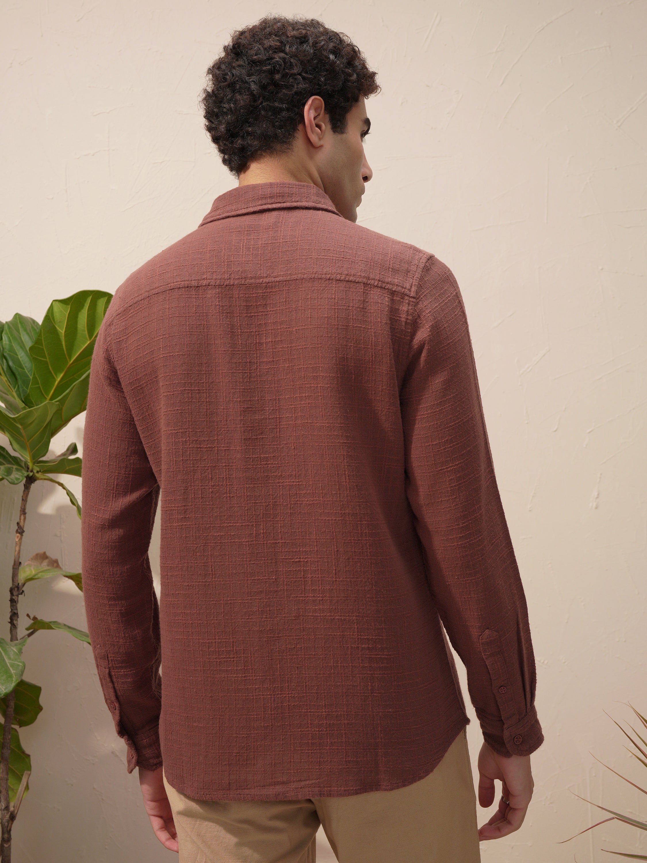 Highlander Men Brown Self Design Slim Fit Casual Shirt - Brown - Image 3